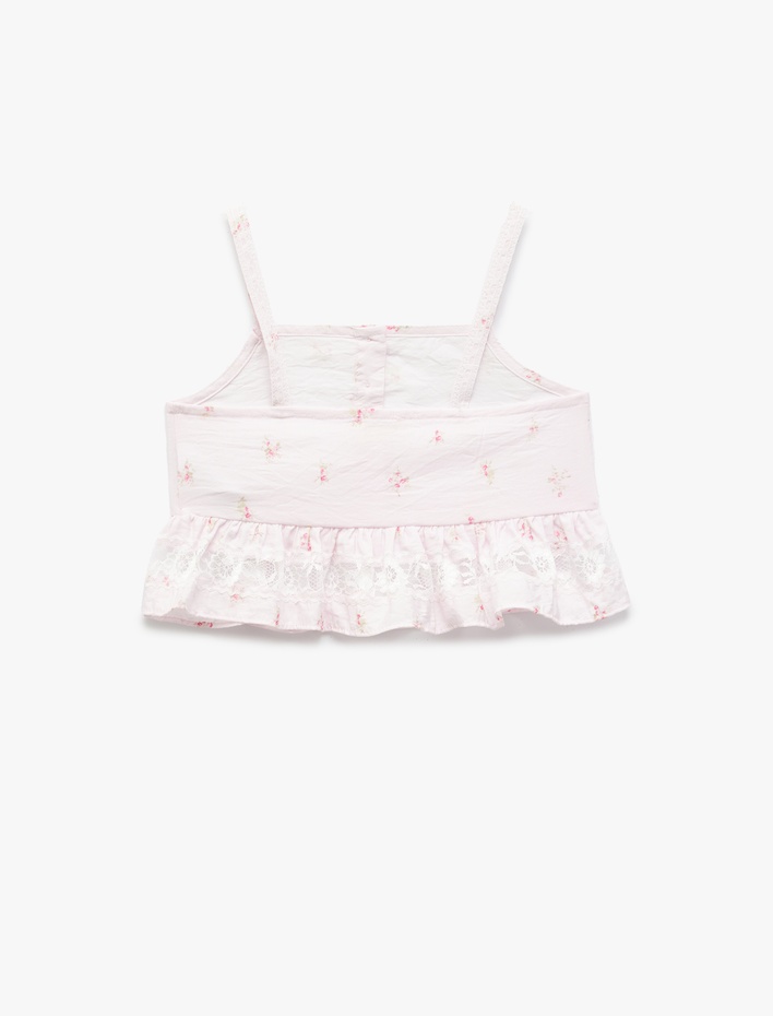 Kız Çocuk İnce Askılı Çiçek Desenli Fırfır Detaylı Viskon Crop Bluz