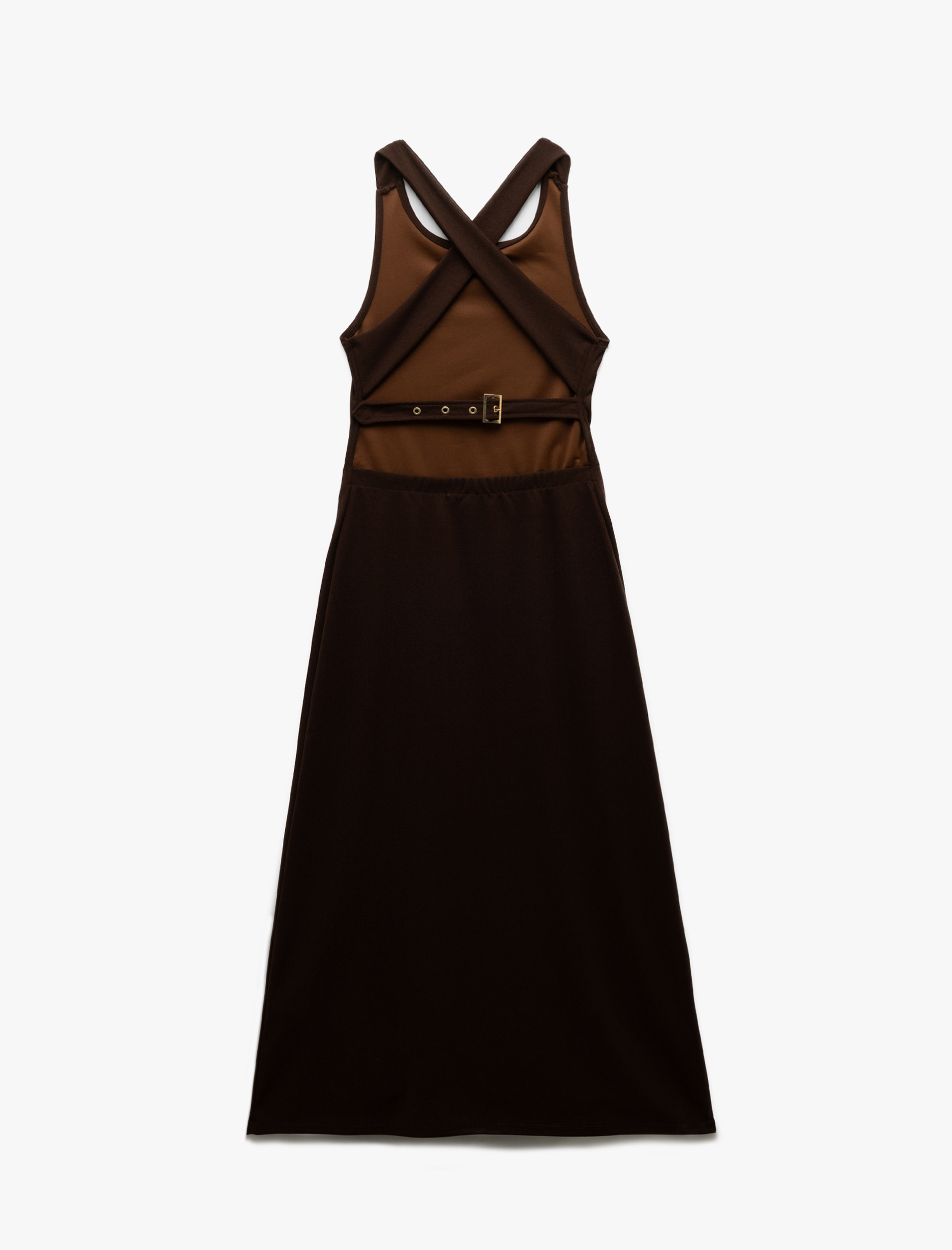   Yuvarlak Yaka Kolsuz Arkası Çapraz Askılı Sırt Dekolteli Uzun Elbise