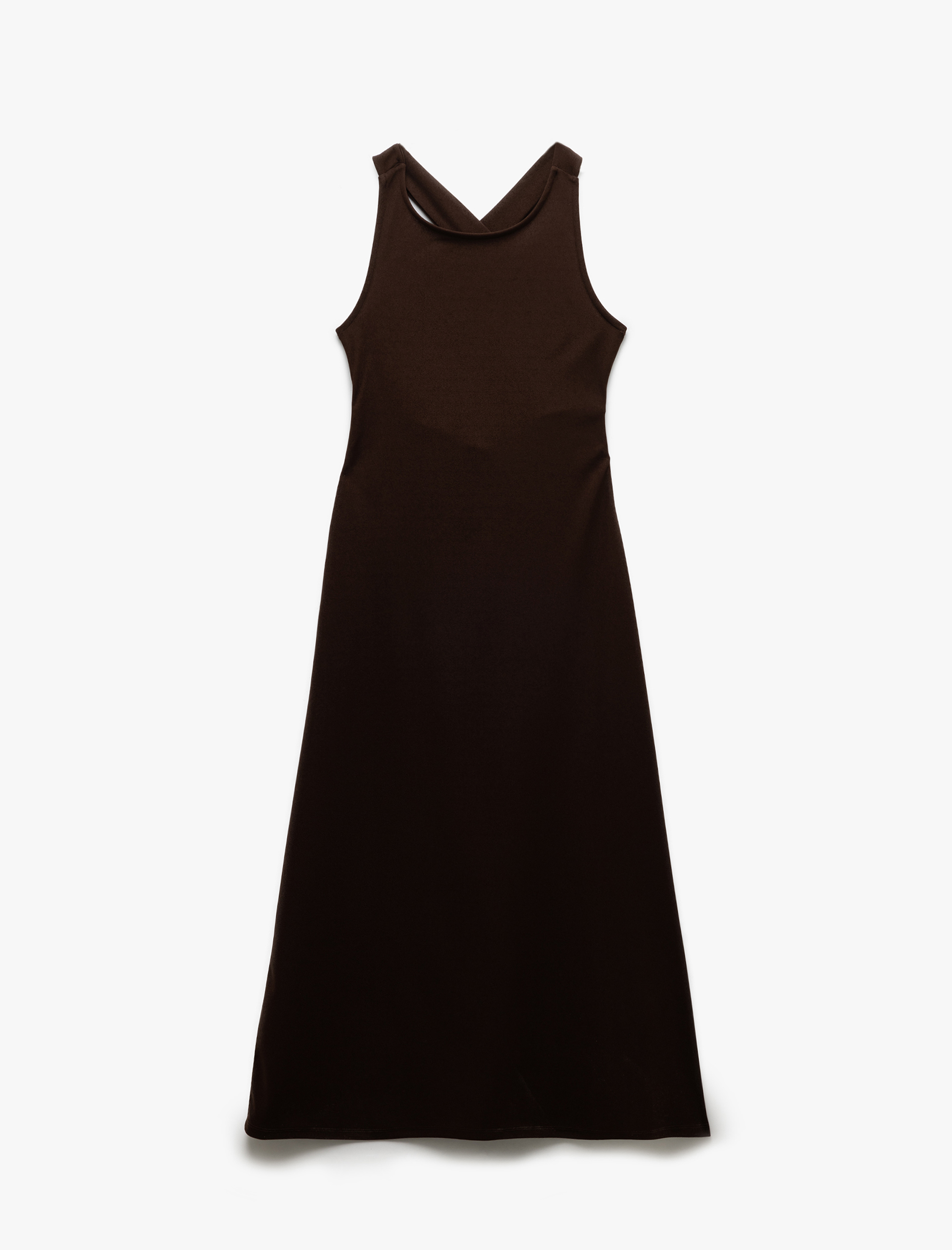   Yuvarlak Yaka Kolsuz Arkası Çapraz Askılı Sırt Dekolteli Uzun Elbise