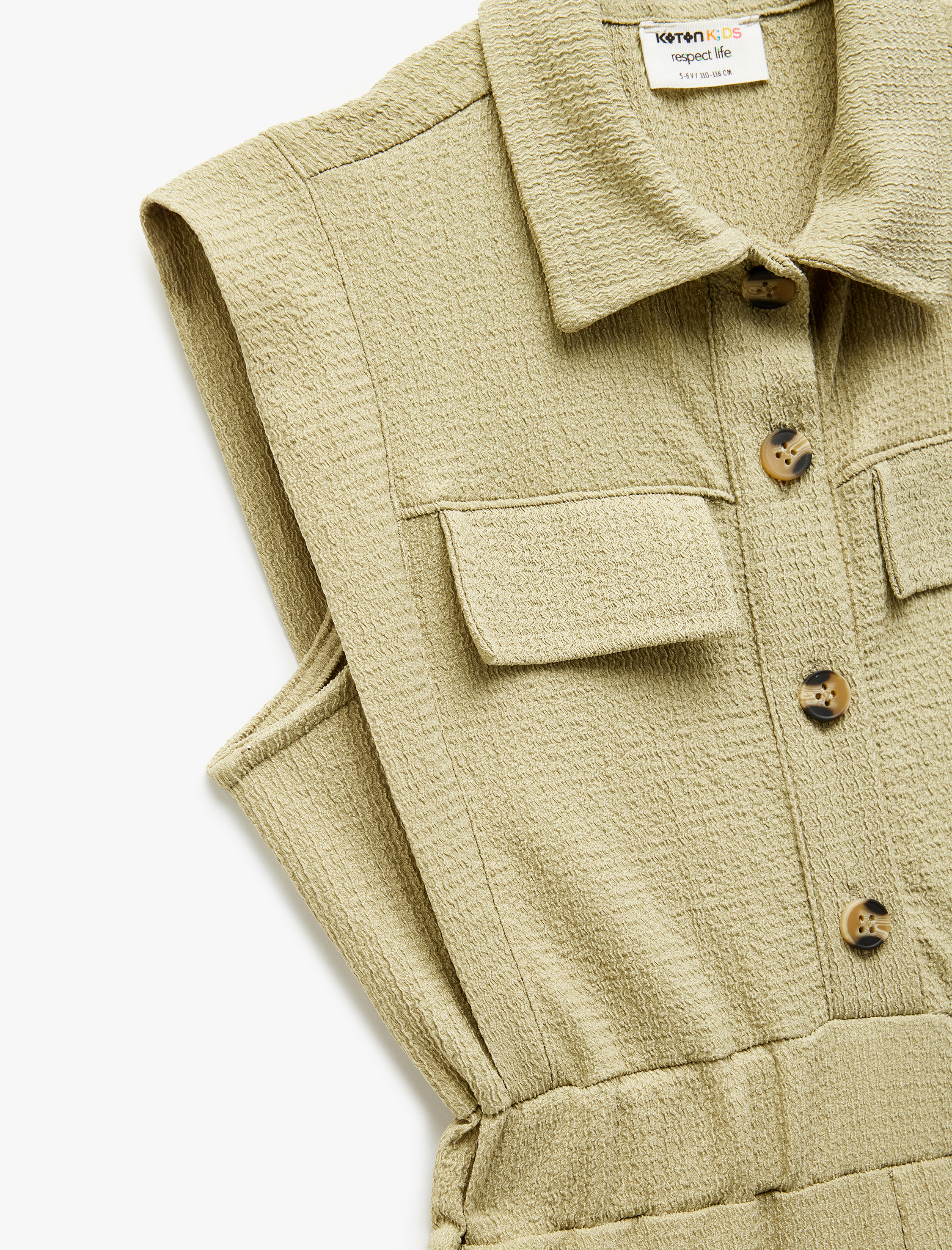  Kız Çocuk Düğmeli Cep Detaylı Gömlek Yaka Uzun Tulum