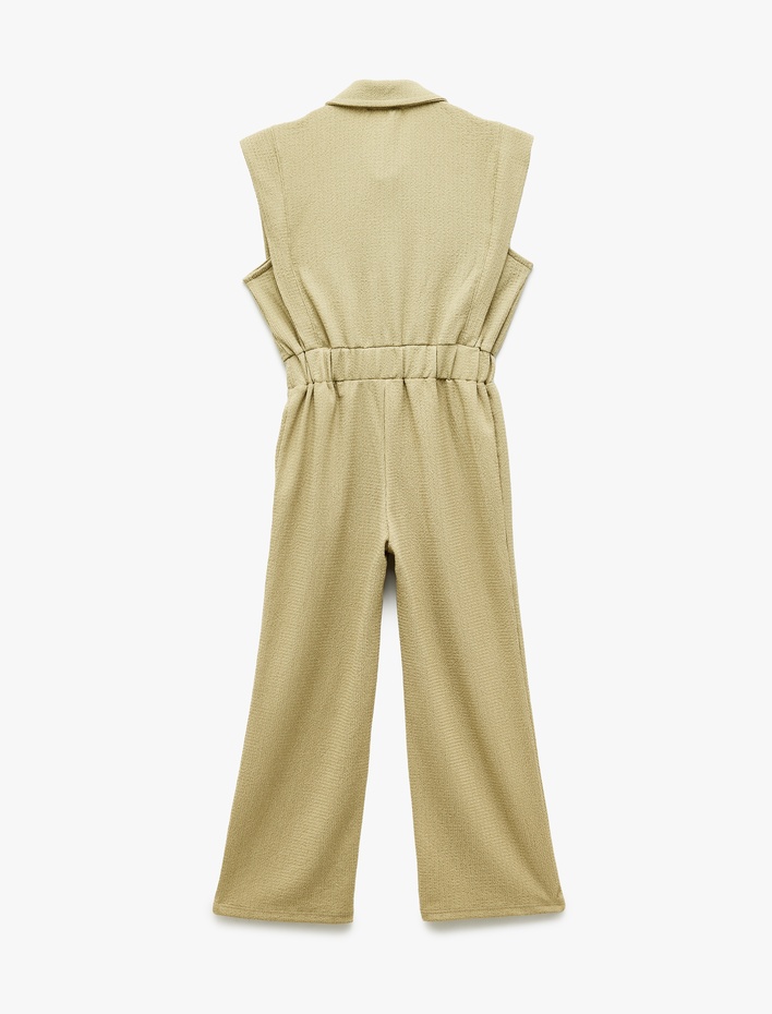 Kız Çocuk Düğmeli Cep Detaylı Gömlek Yaka Uzun Tulum