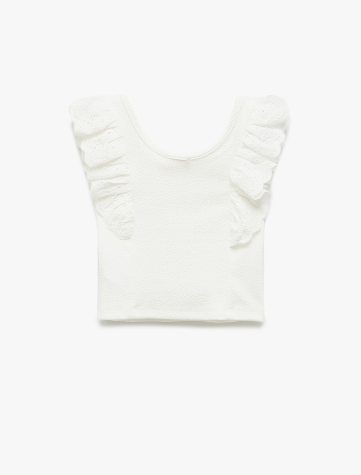 Kız Çocuk Brodeli Yuvarlak Yaka Kolsuz Fırfırlı Crop Atlet