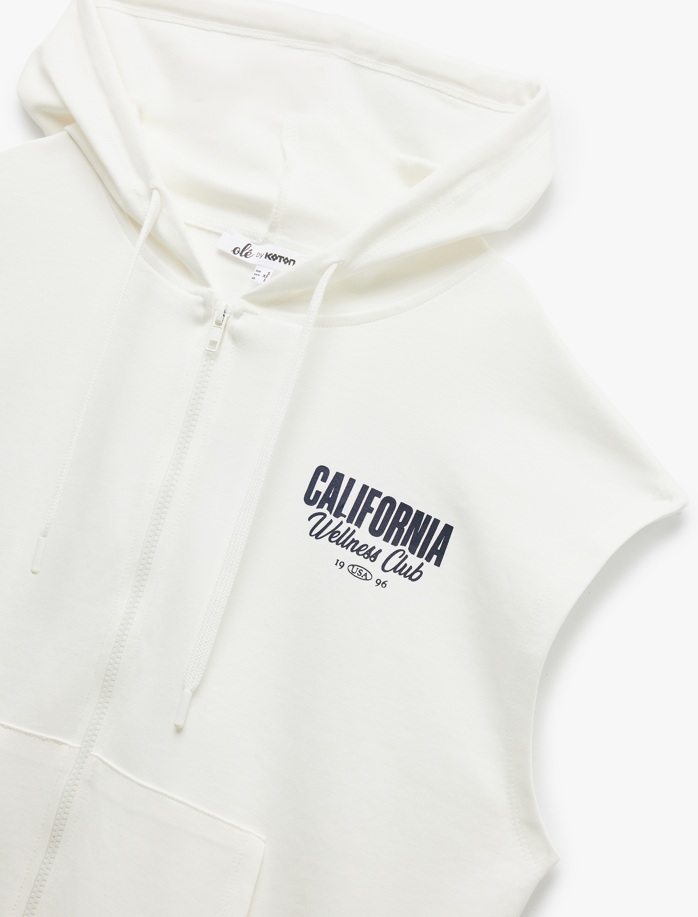   Pamuklu Kolsuz Kapüşonlu Arkası Baskılı Kanguru Cepli Fermuarlı Bluz