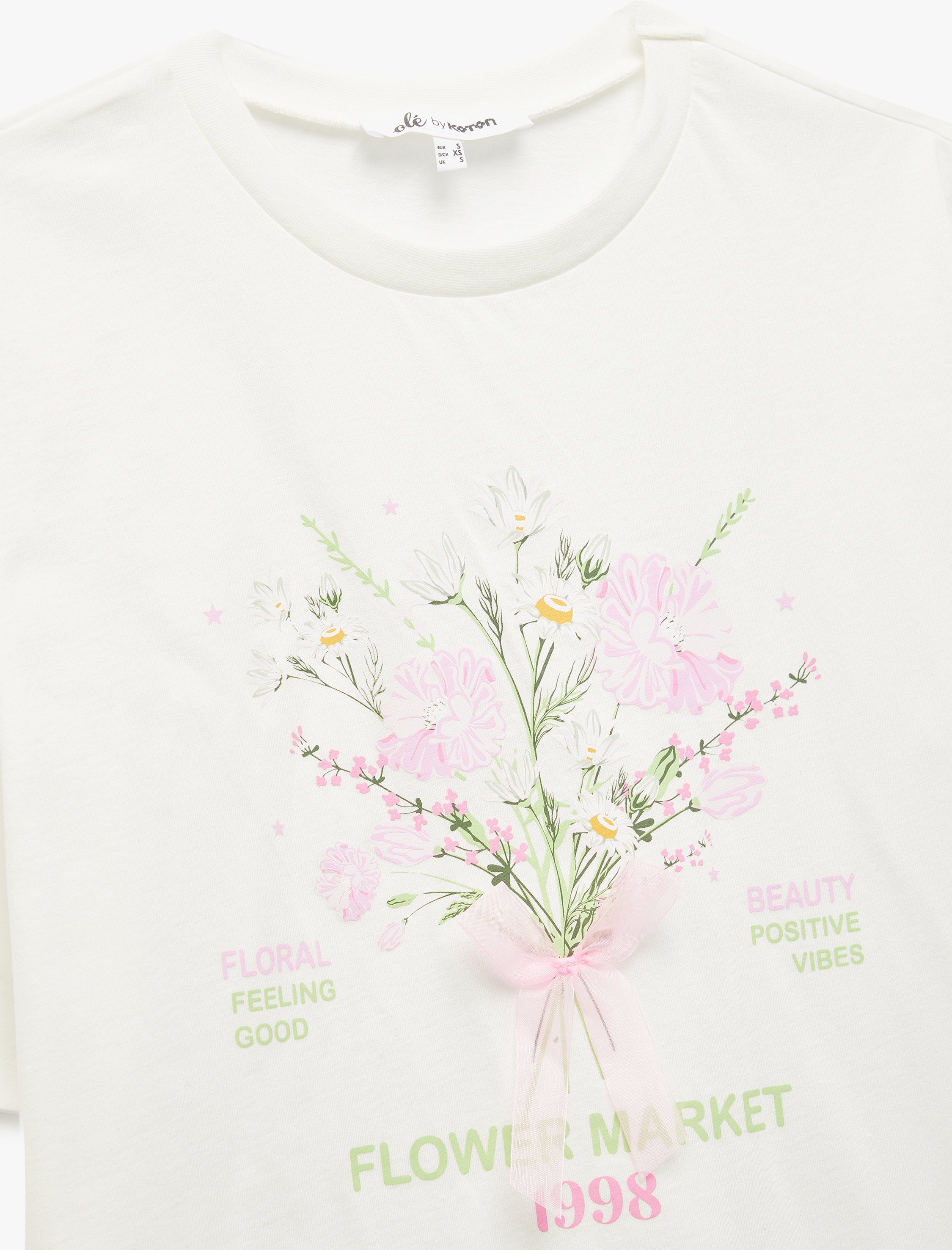   Kısa Kollu Bisiklet Yaka Baskılı Fiyonk Detaylı Oversize Tişört