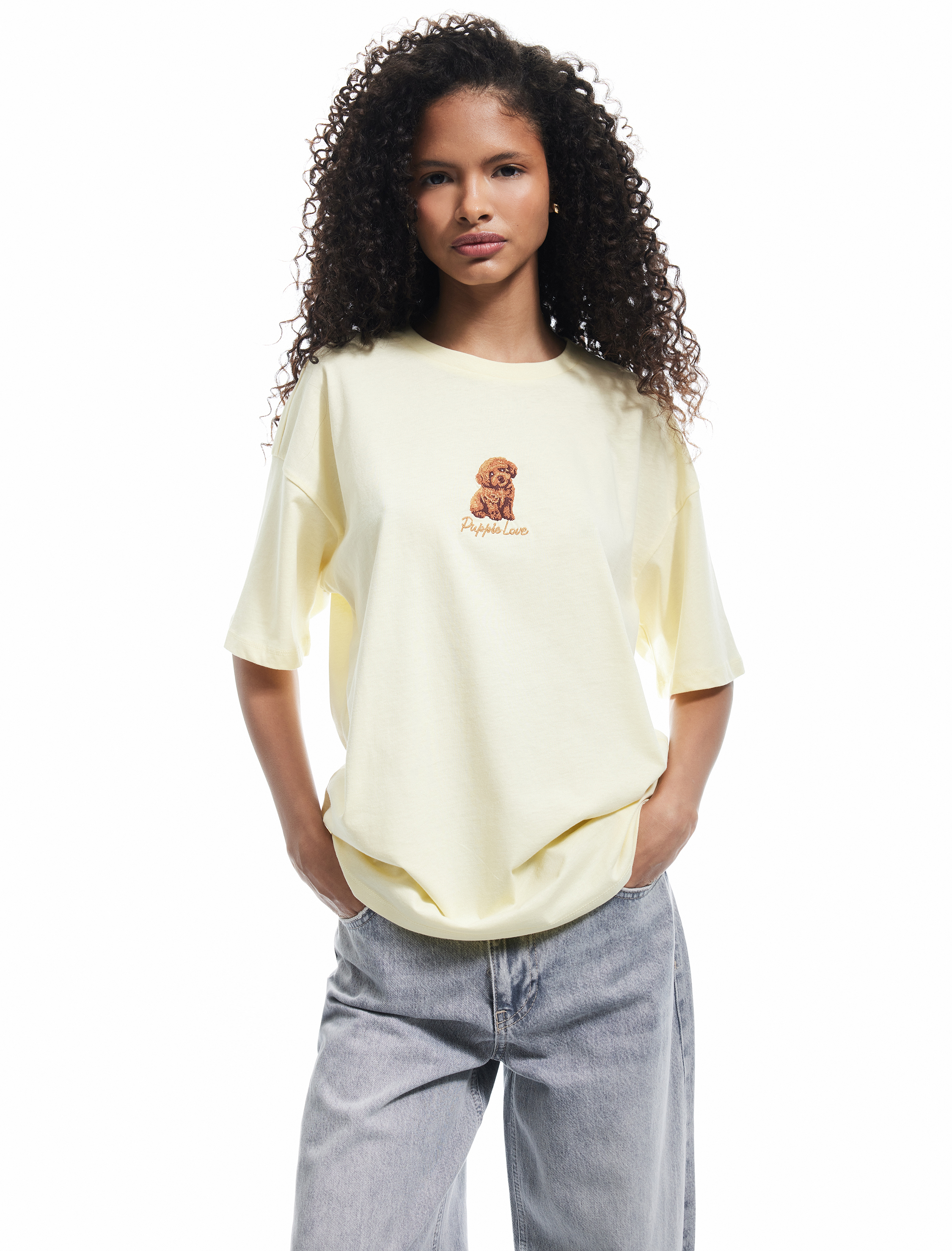 Kısa Kollu Bisiklet Yaka Köpek Nakışlı Pamuklu Oversize Tişört