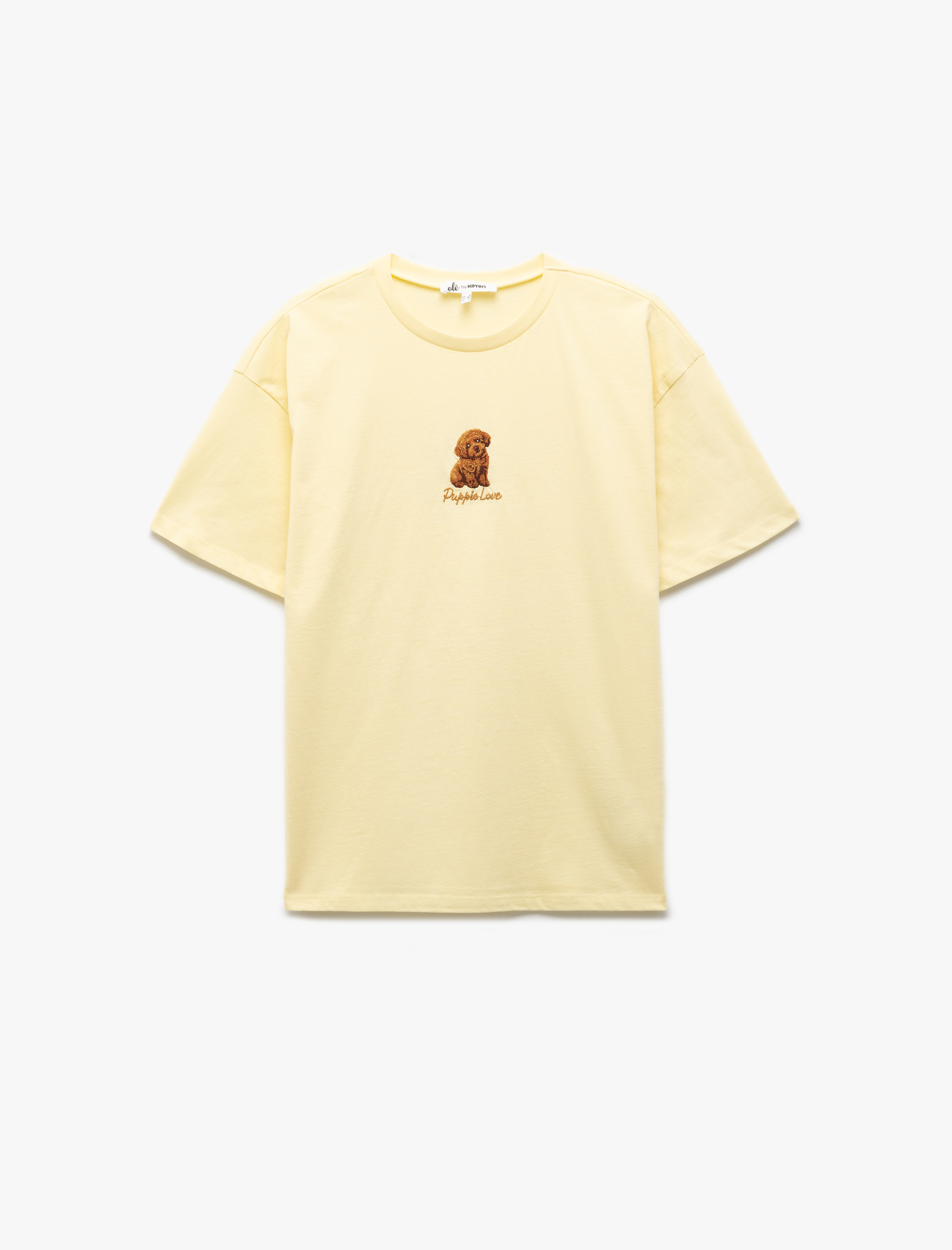 Kısa Kollu Bisiklet Yaka Köpek Nakışlı Pamuklu Oversize Tişört