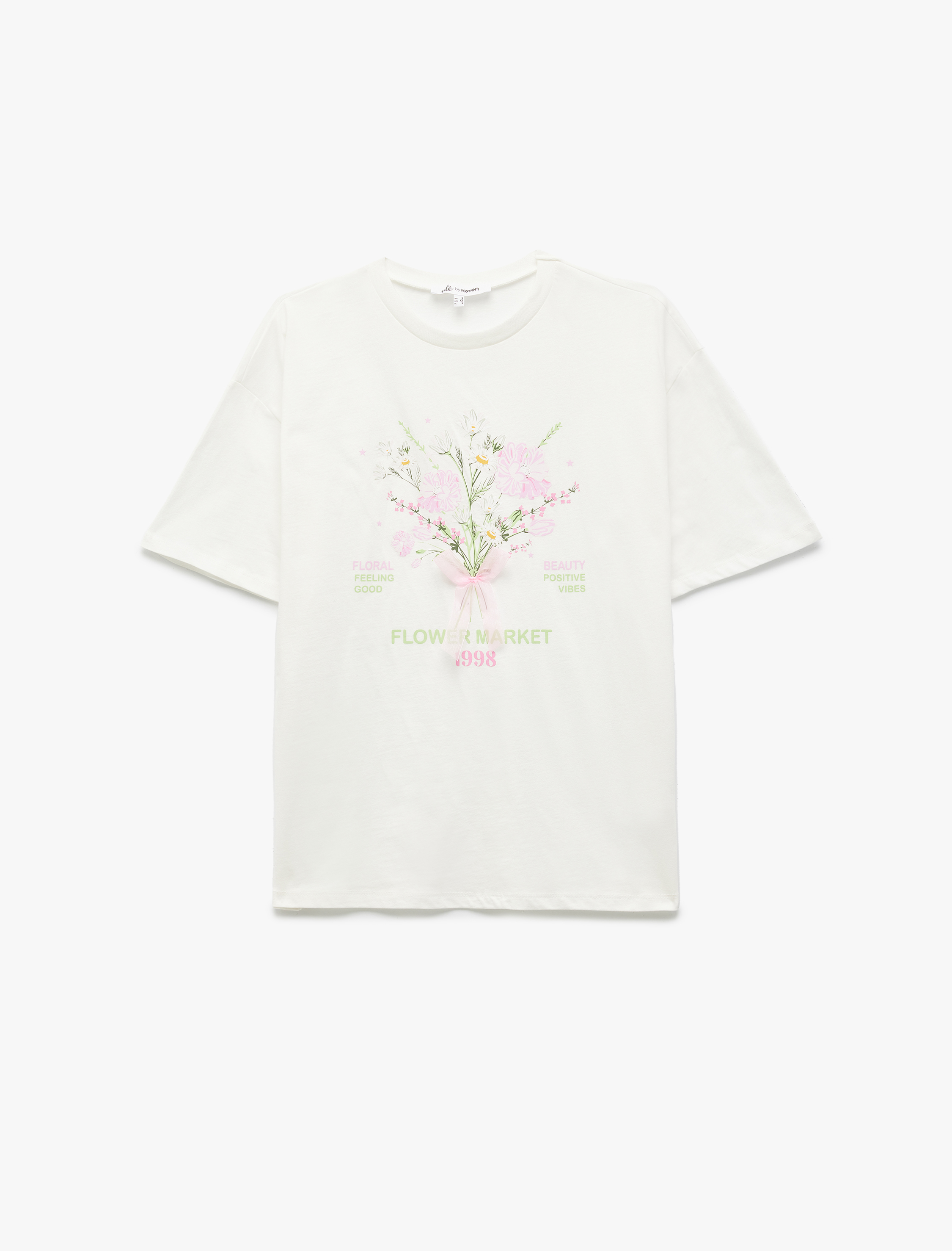   Kısa Kollu Bisiklet Yaka Baskılı Fiyonk Detaylı Oversize Tişört