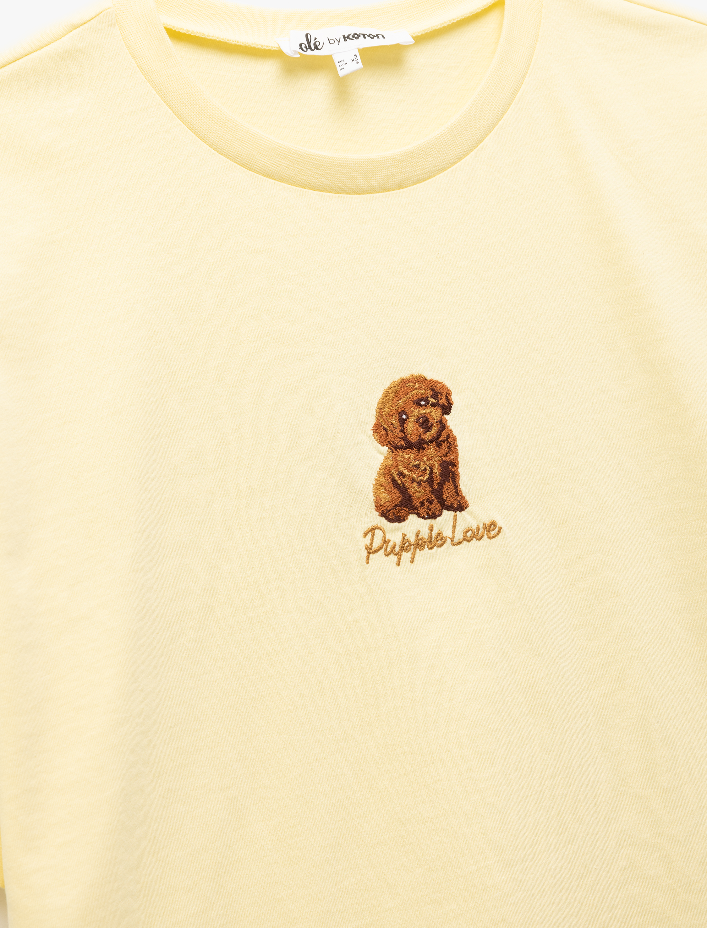 Kısa Kollu Bisiklet Yaka Köpek Nakışlı Pamuklu Oversize Tişört