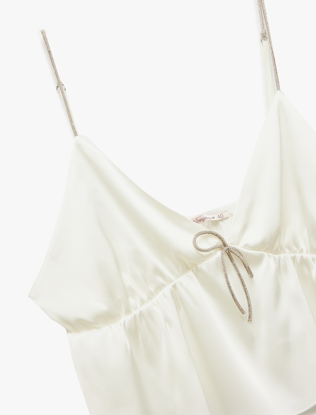 V Yaka Askılı Bridal Saten Crop Pijama Üstü_2