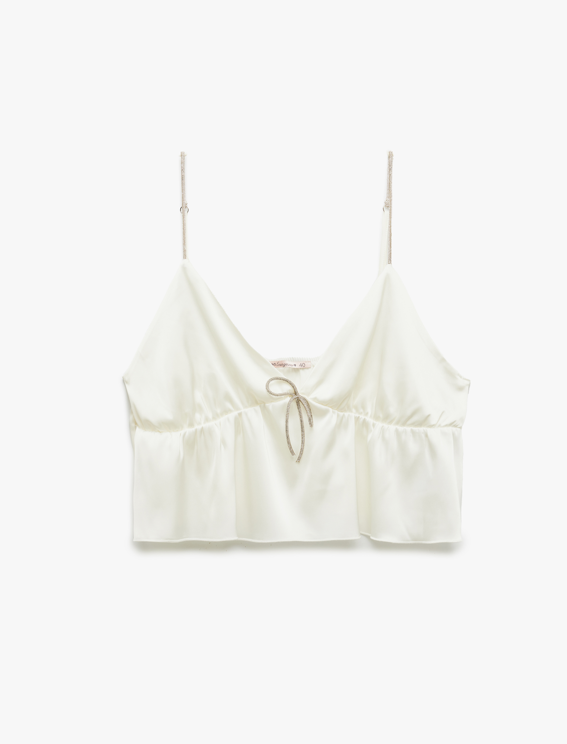 Koton Kadın V Yaka Askılı Bridal Saten Crop Pijama Üstü -1