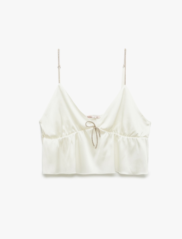 V Yaka Askılı Bridal Saten Crop Pijama Üstü_0