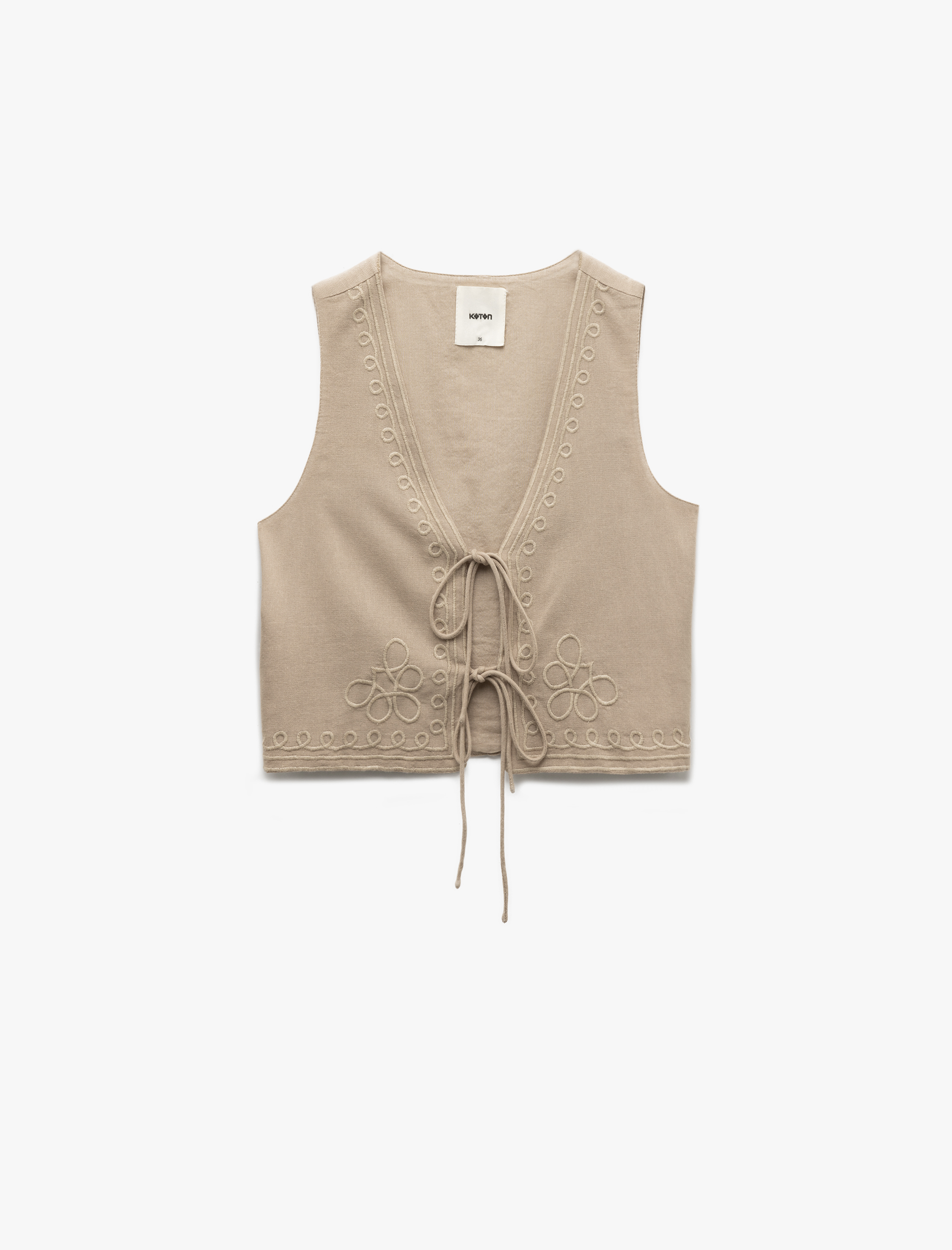   Pamuk-Viskon Kumaş Önden Bağlamalı Fiyonk Detaylı İşlemeli Yelek