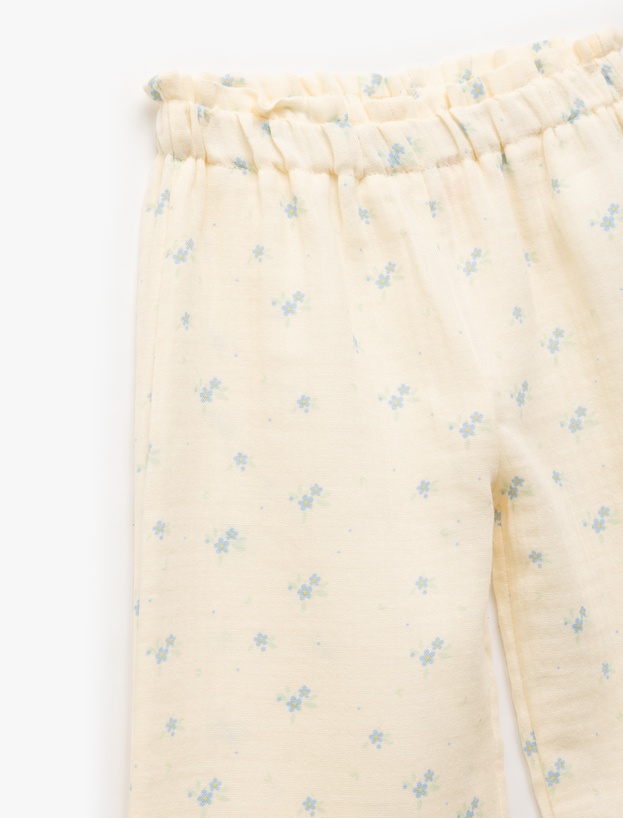 Pamuklu Beli Lastikli Çiçekli Müslin Geniş Paça Pantolon_2