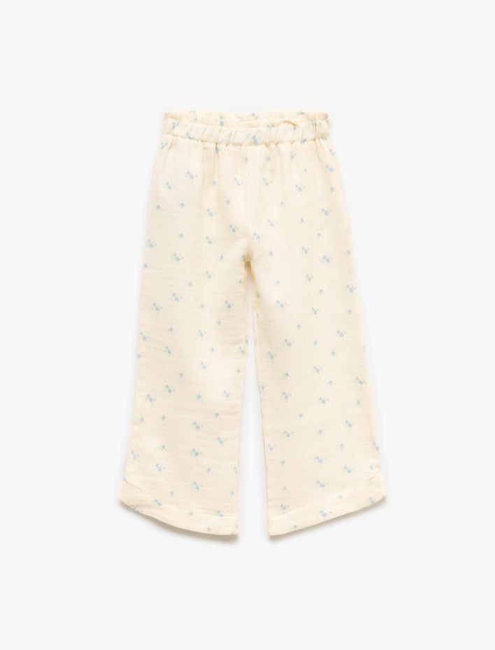Kız Bebek Pamuklu Beli Lastikli Çiçekli Müslin Geniş Paça Pantolon