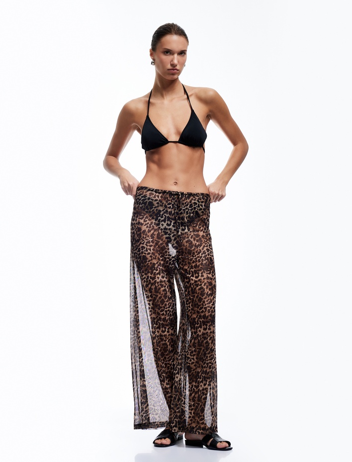  Transparan Tül Bol Paça Leopar Desenli Pareo Pantolon