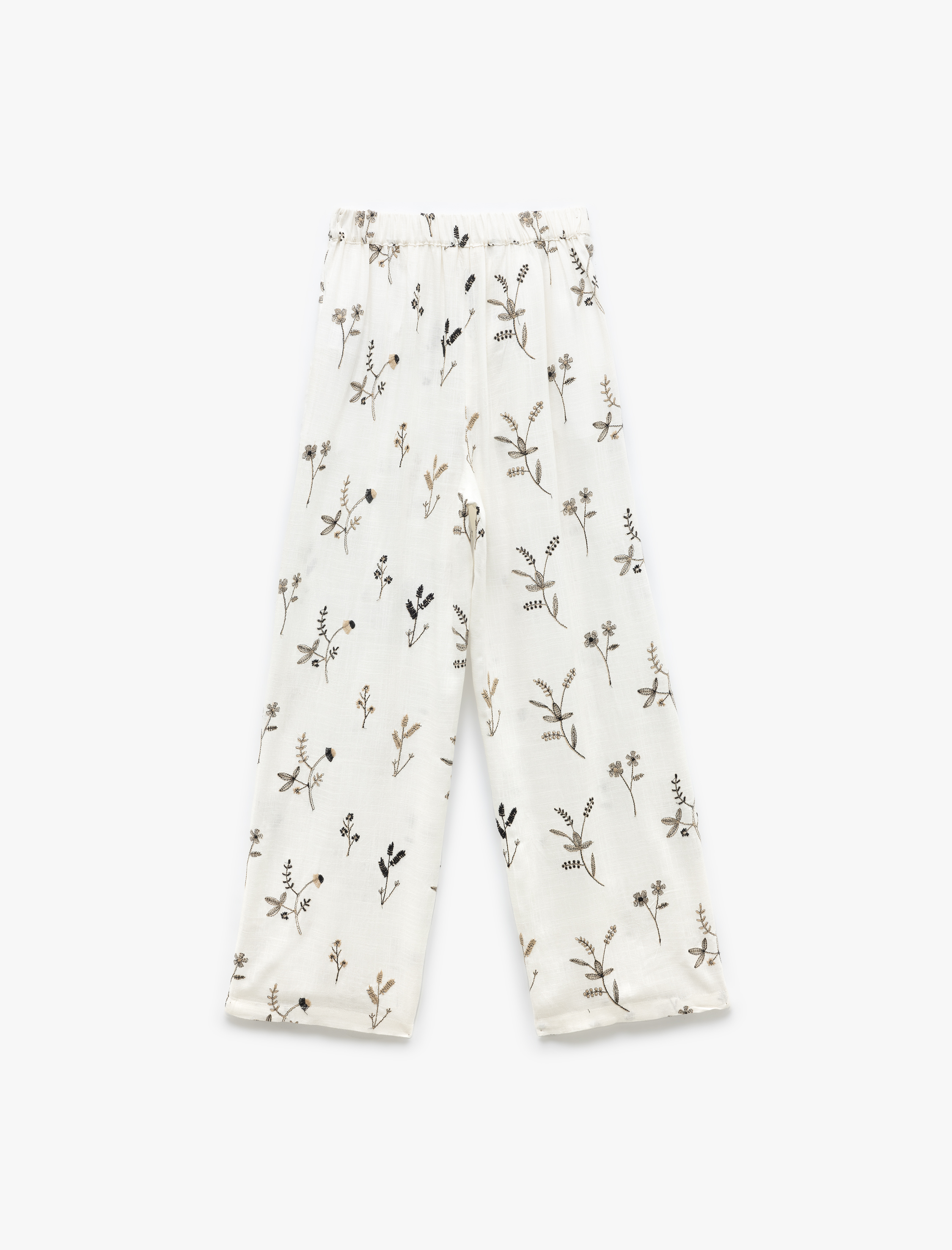   Viskon Kumaş Düz Bol Paça Fistolu Brodeli Çiçekli Pantolon