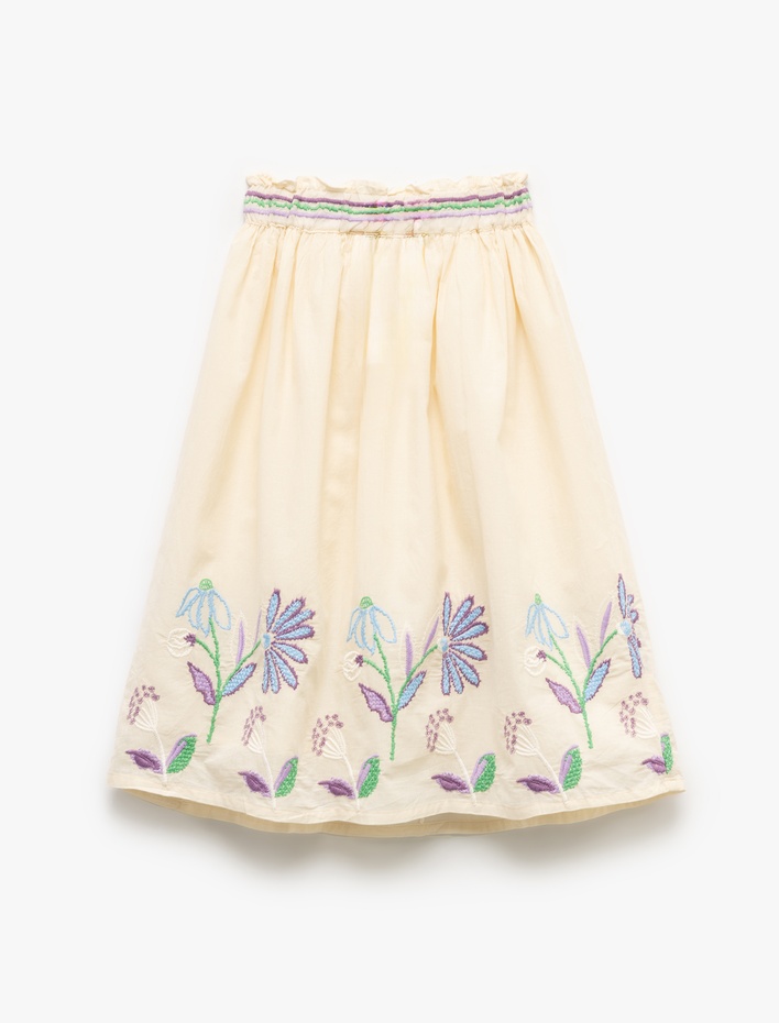 Kız Çocuk Çiçek İşlemeli Beli Bağlamalı Pileli Etek