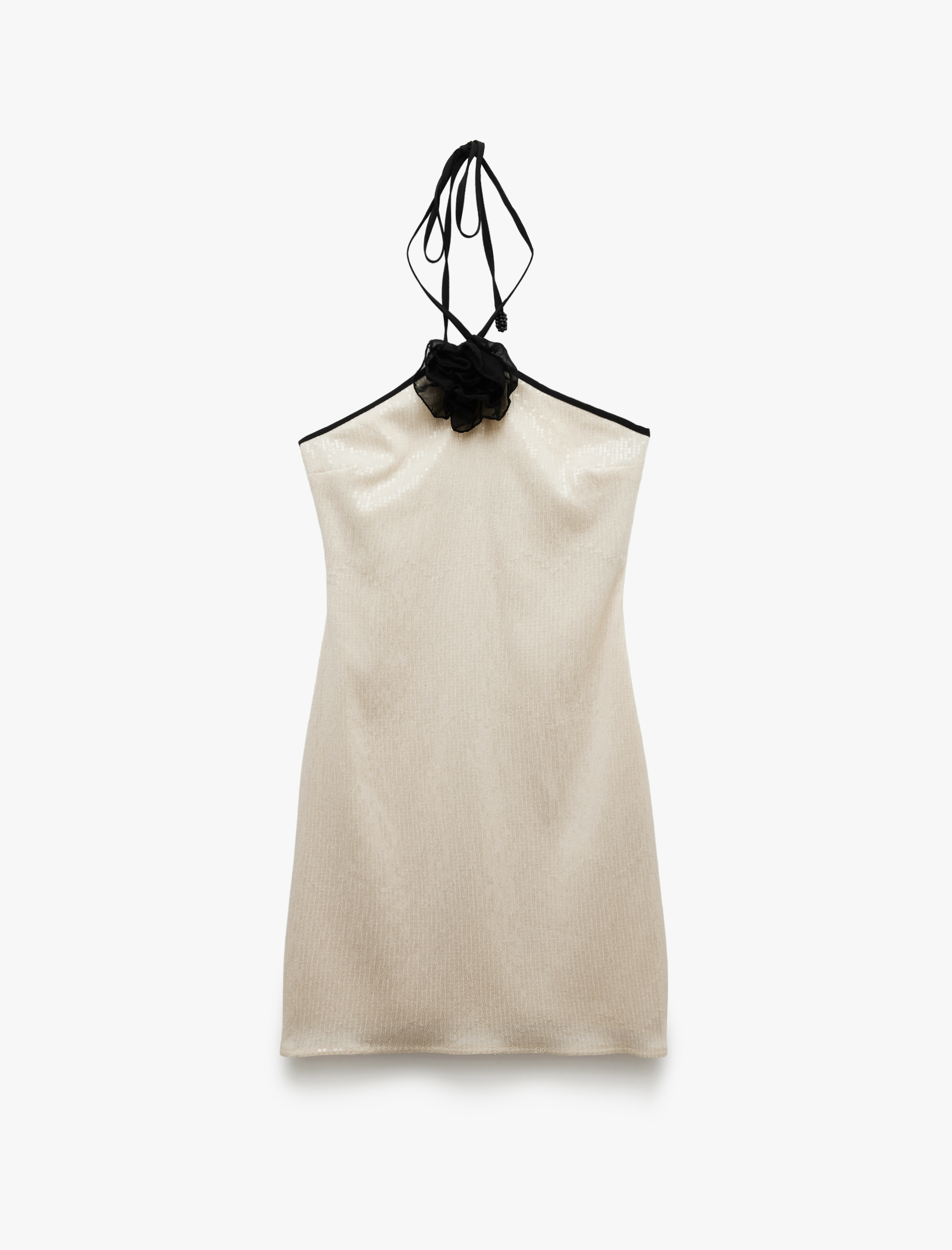   Mini Bağlamalı Yaka Gül Detaylı Bodycon Payetli Elbise