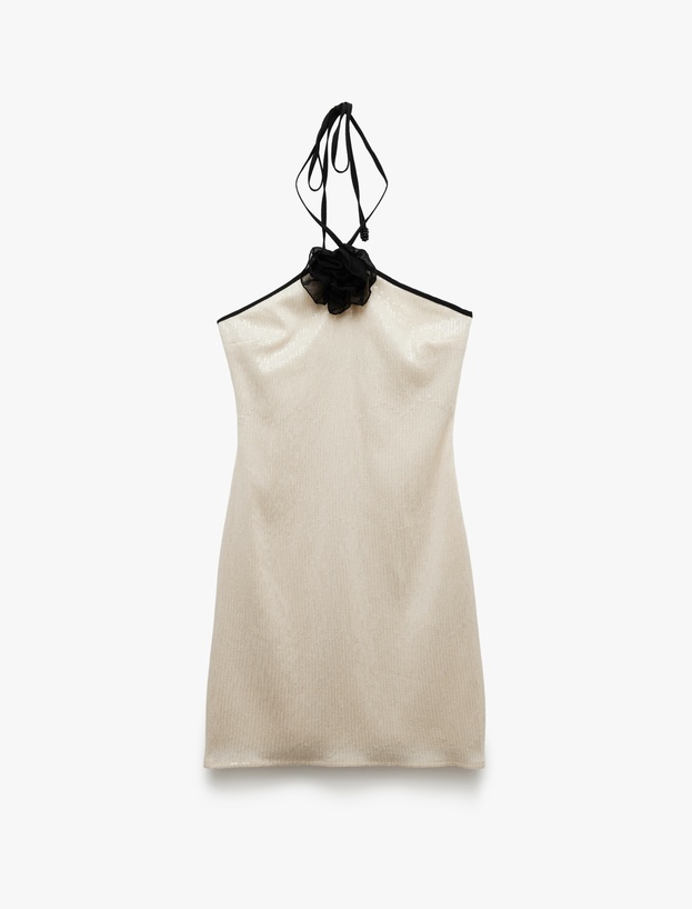 Mini Bağlamalı Yaka Gül Detaylı Bodycon Payetli Elbise_3
