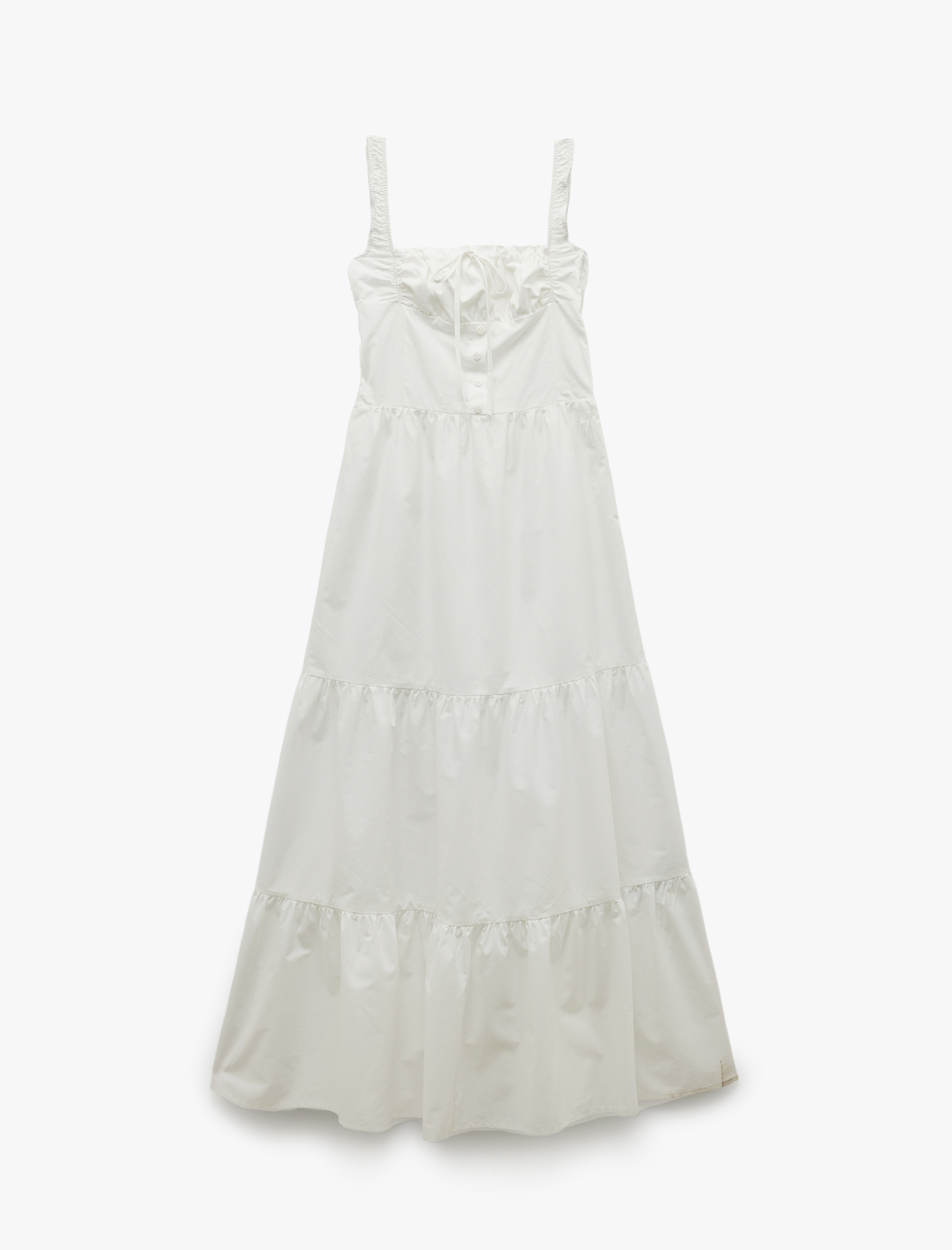   Kolsuz Düğmeli Pamuklu U Yaka Uzun Elbise