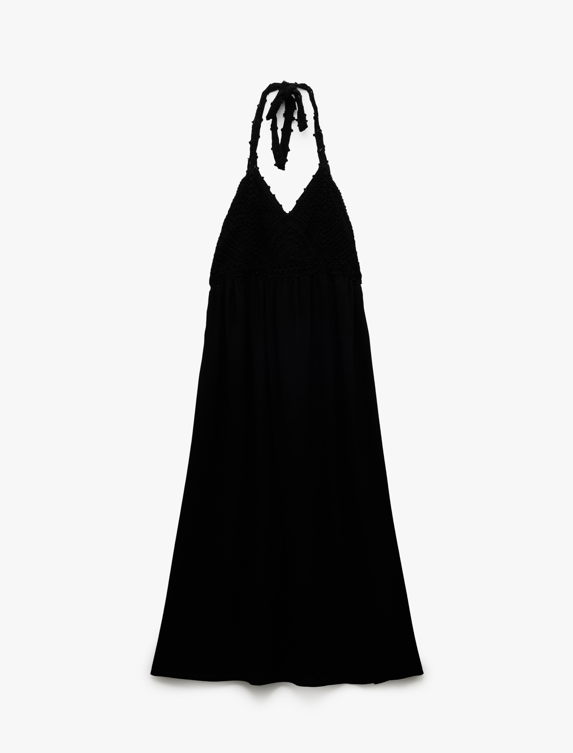   Sırt Dekolteli Boyundan Bağlamalı Halter Yaka Kroşe Detaylı Elbise