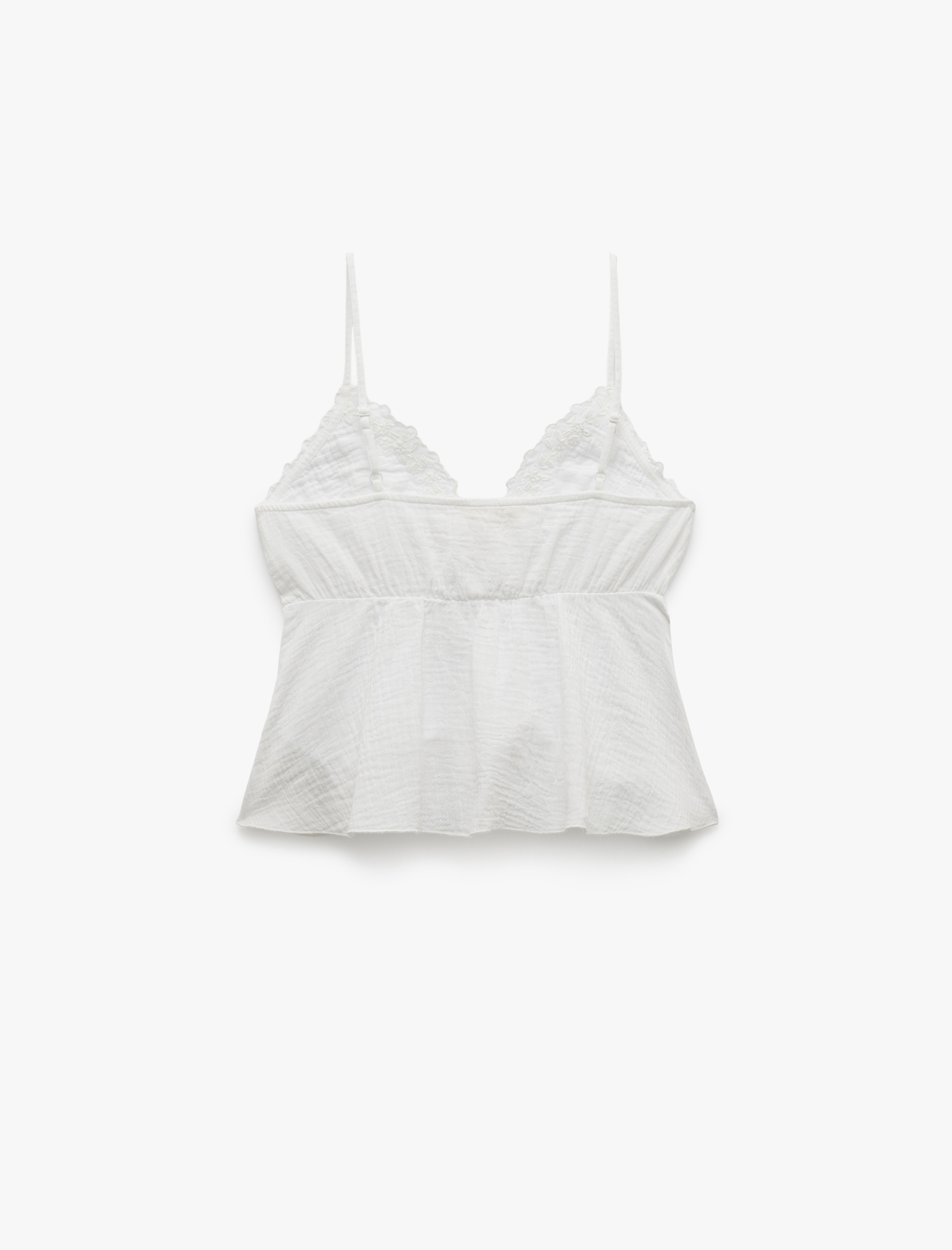   Pamuklu V Yaka Brodeli Müslin Askılı Bluz