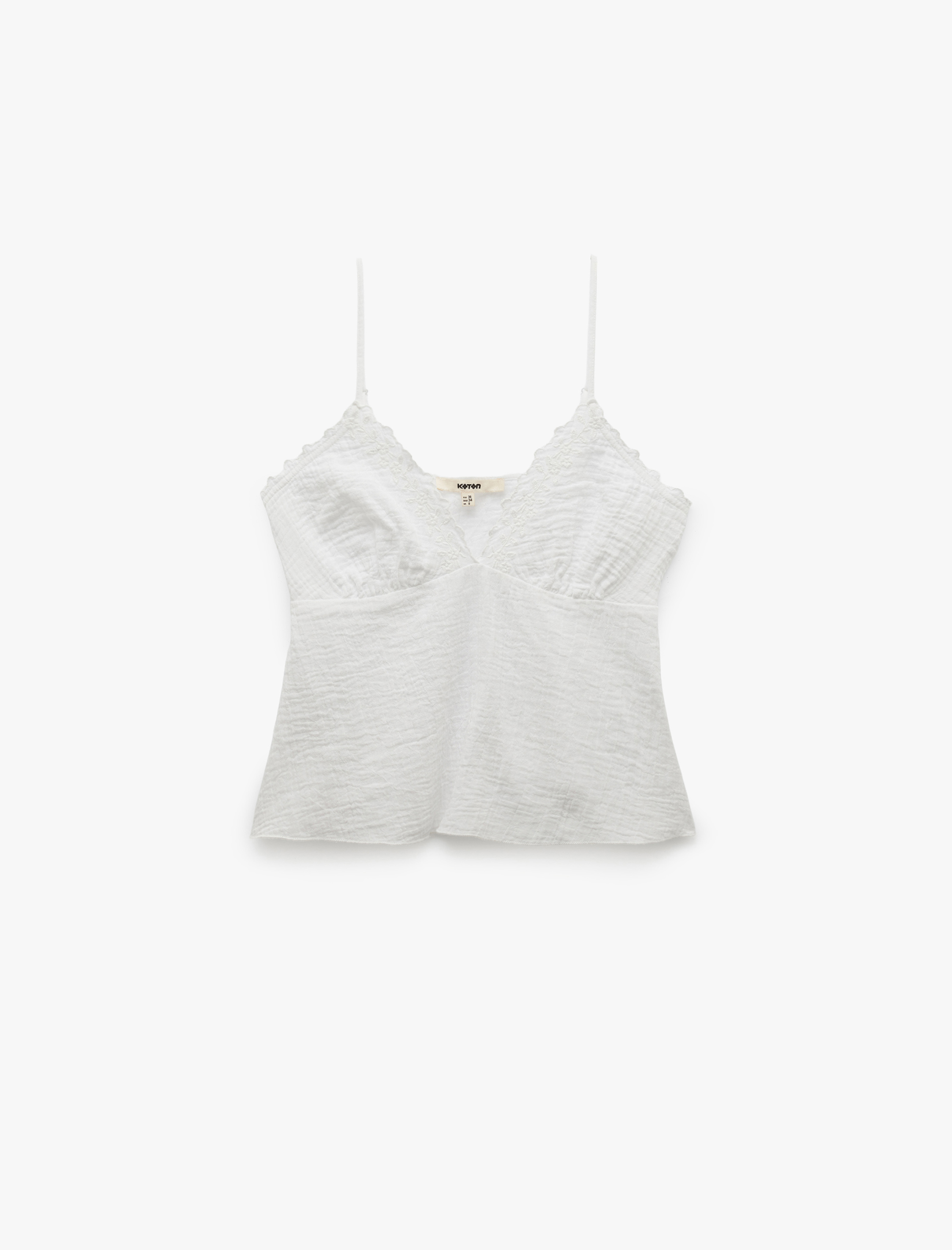   Pamuklu V Yaka Brodeli Müslin Askılı Bluz