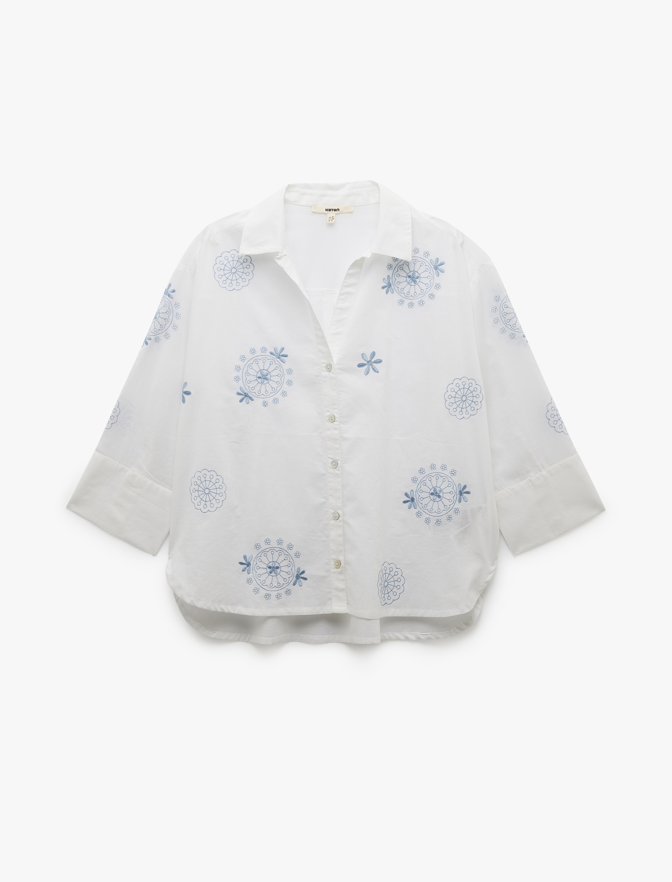   Rahat Kalıp 3/4 Kol Klasik Yaka İşlemeli Etnik Desenli Gömlek