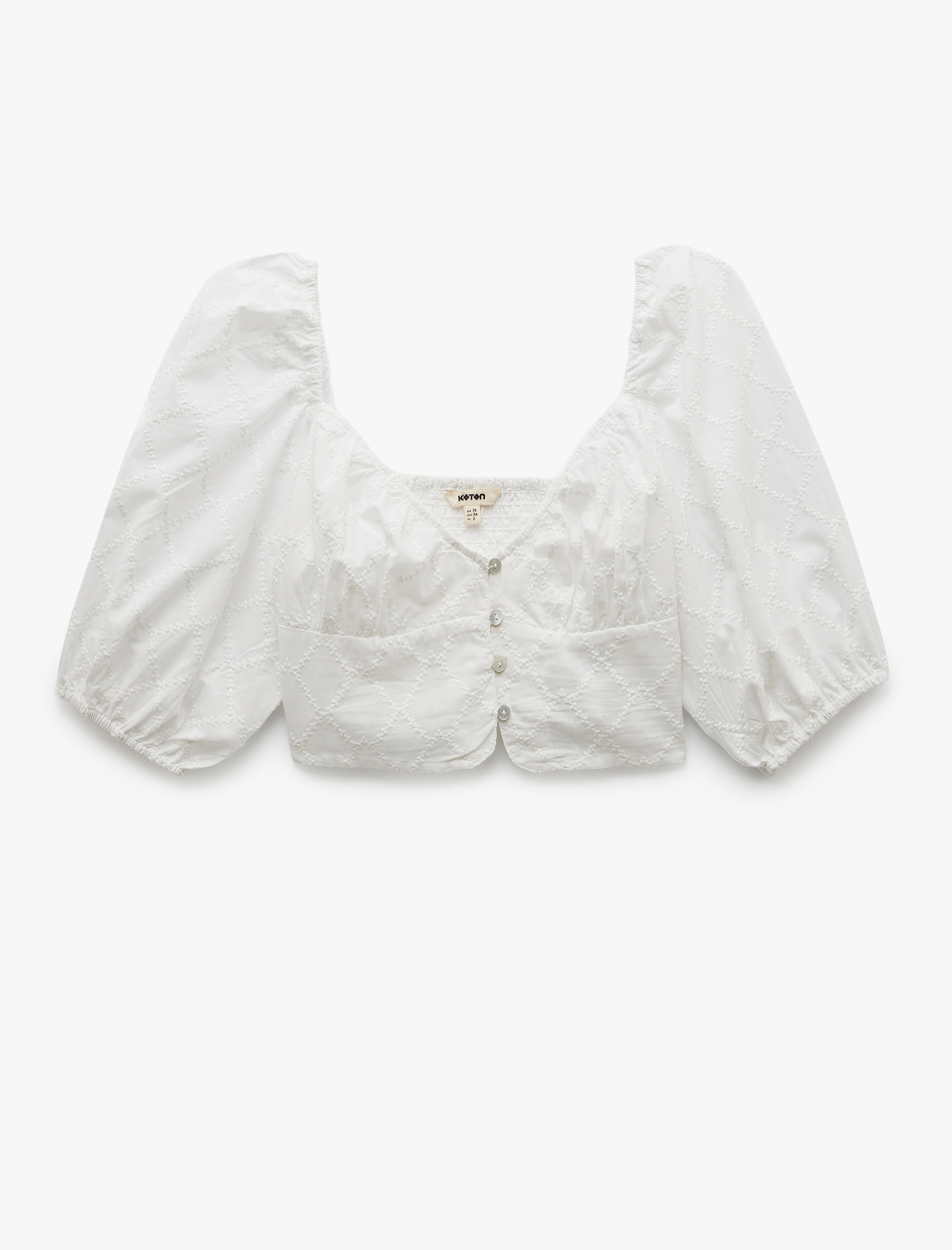   Düğmeli Fistolu Brodeli Kısa Balon Kollu Kalp Yaka Crop Bluz