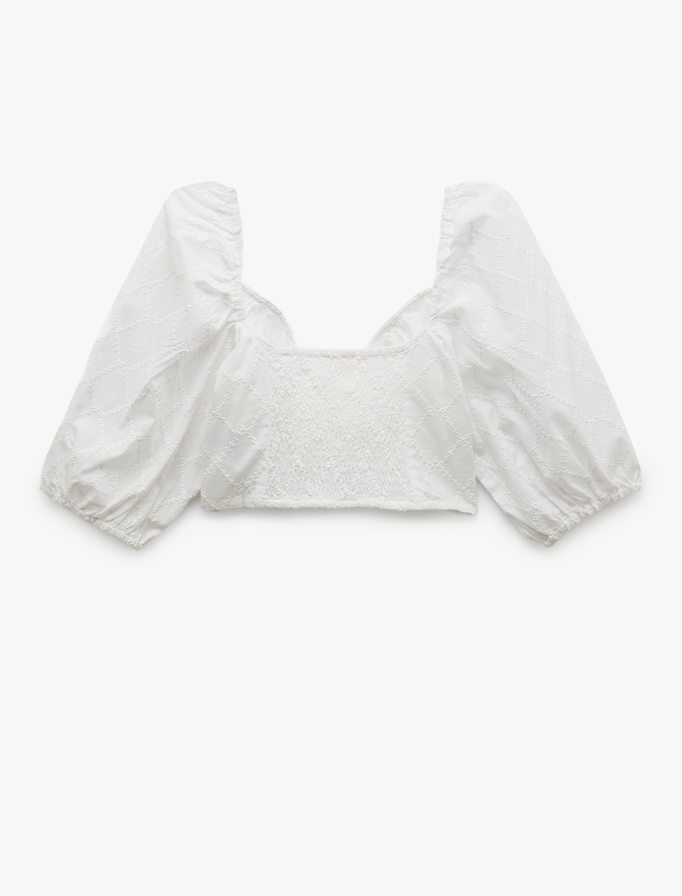   Düğmeli Fistolu Brodeli Kısa Balon Kollu Kalp Yaka Crop Bluz