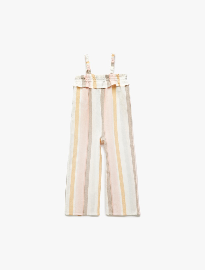 Kız Bebek Fırfır Detaylı Kare Yaka Çizgili Askılı Tulum