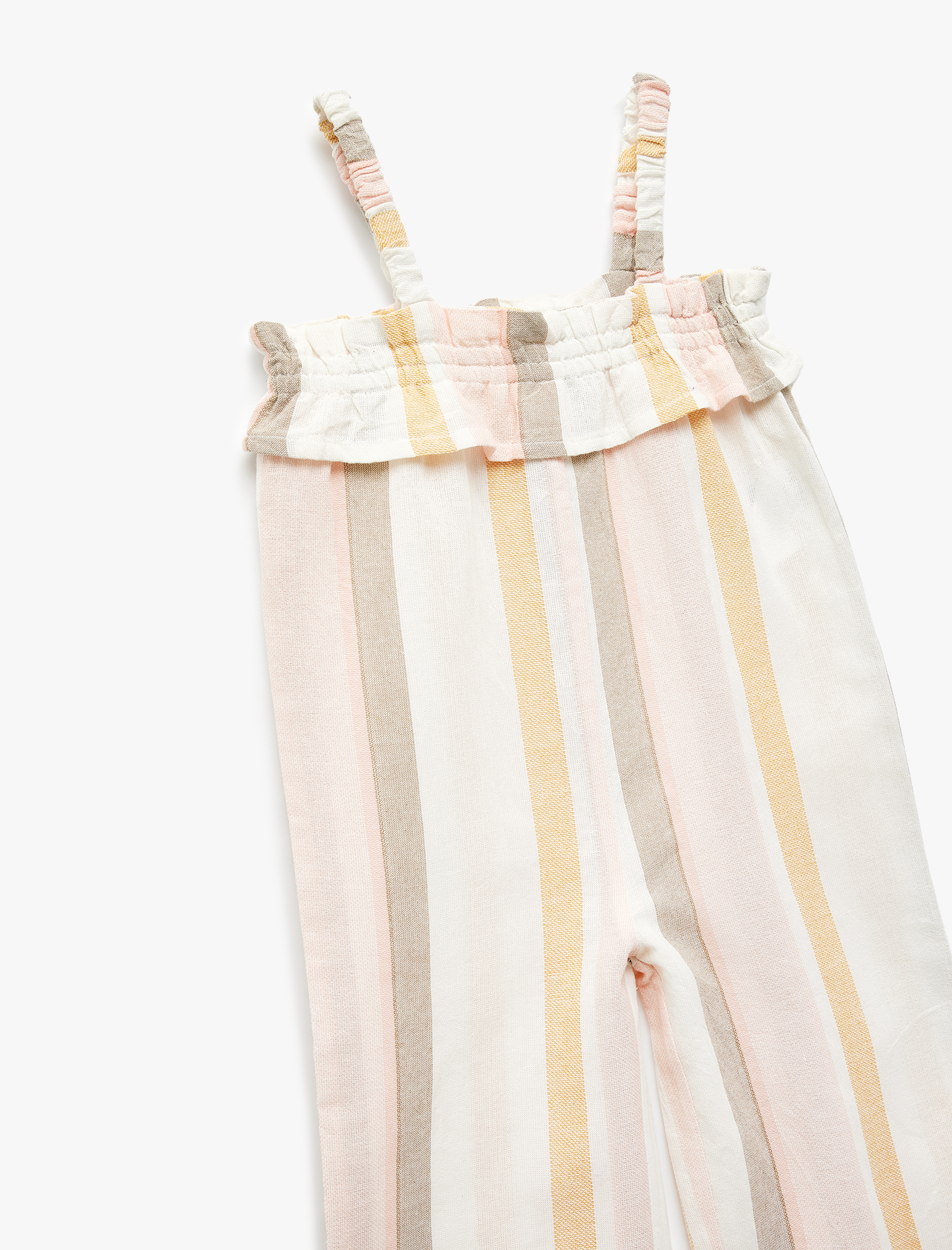  Kız Bebek Fırfır Detaylı Kare Yaka Çizgili Askılı Tulum
