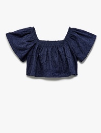 Pamuklu Brodeli Fistolu Kısa Kollu Crop Bluz