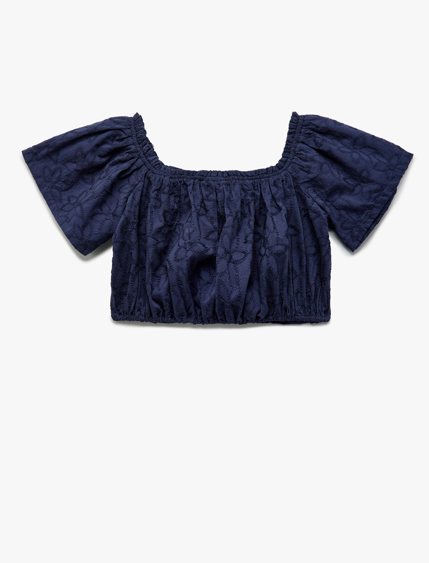  Kız Çocuk Pamuklu Brodeli Fistolu Kısa Kollu Crop Bluz