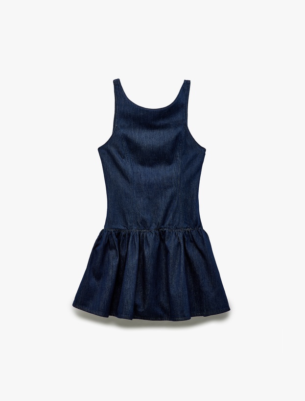 Pamuklu Kolsuz Bisiklet Yaka Volanlı Denim Elbise_2