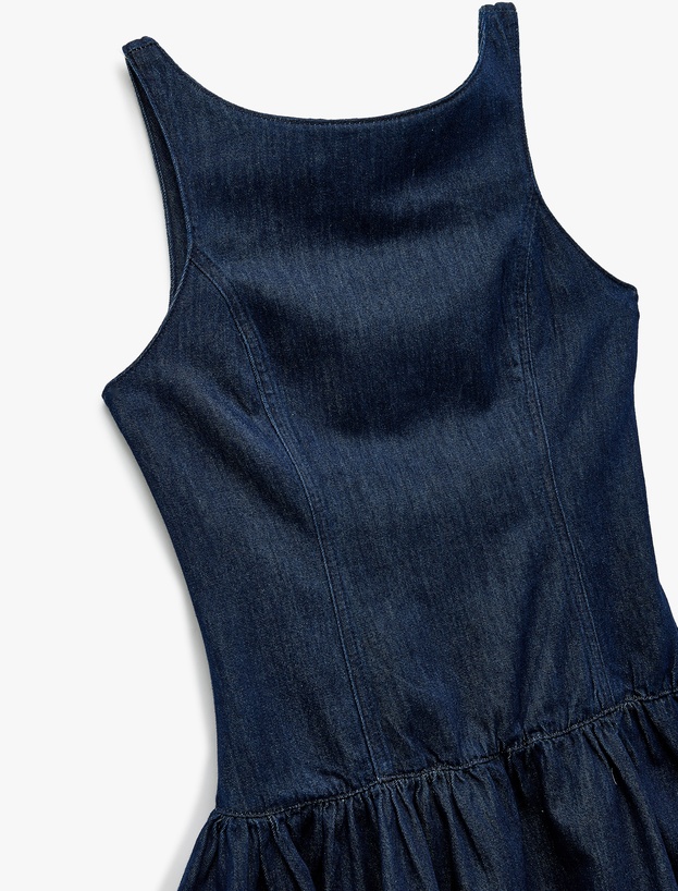 Pamuklu Kolsuz Bisiklet Yaka Volanlı Denim Elbise_4