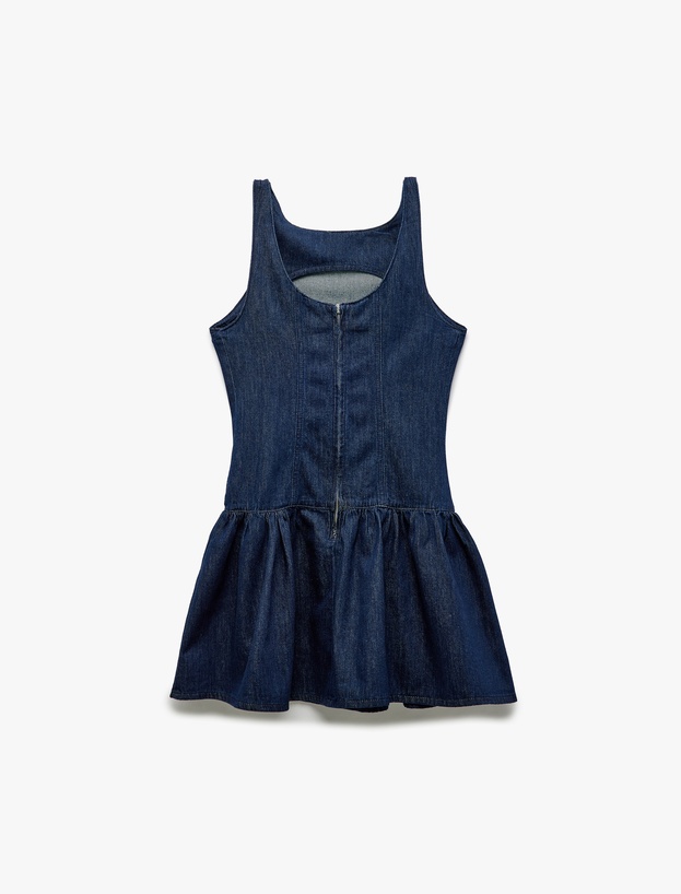 Pamuklu Kolsuz Bisiklet Yaka Volanlı Denim Elbise_3