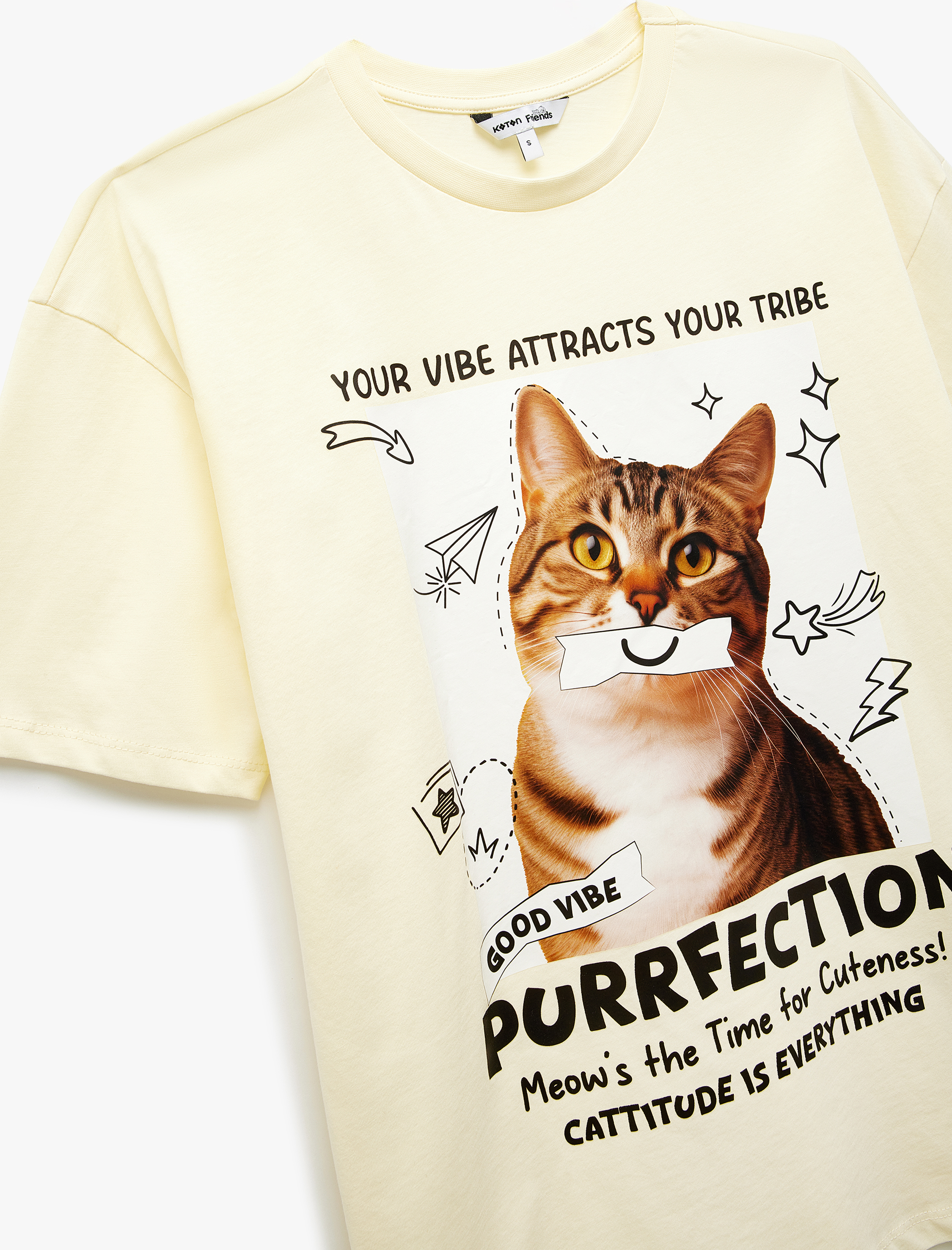   Kısa Kollu Bisiklet Yaka Pamuklu Kedi Baskılı Oversize Tişört