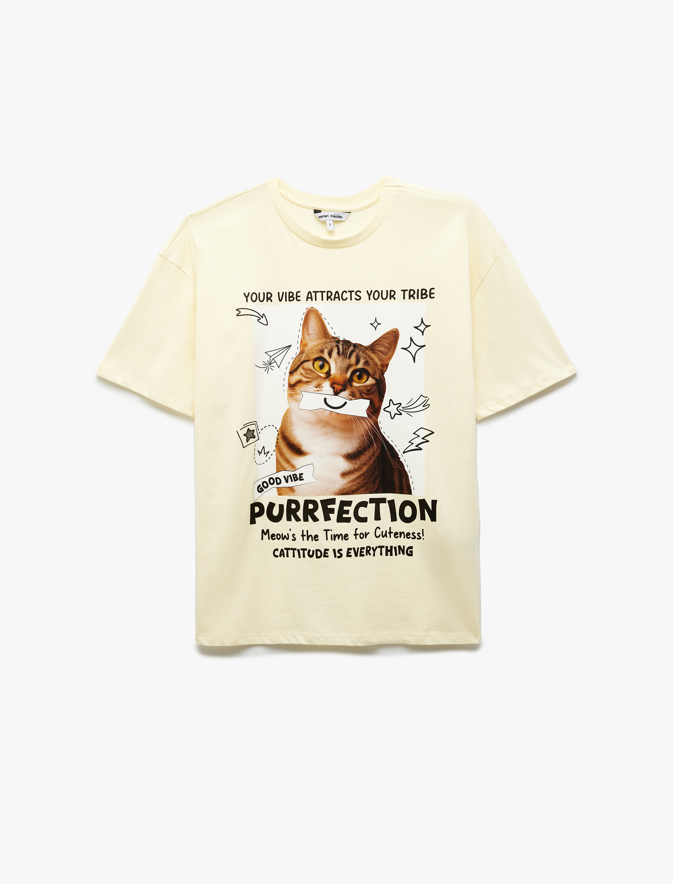   Kısa Kollu Bisiklet Yaka Pamuklu Kedi Baskılı Oversize Tişört