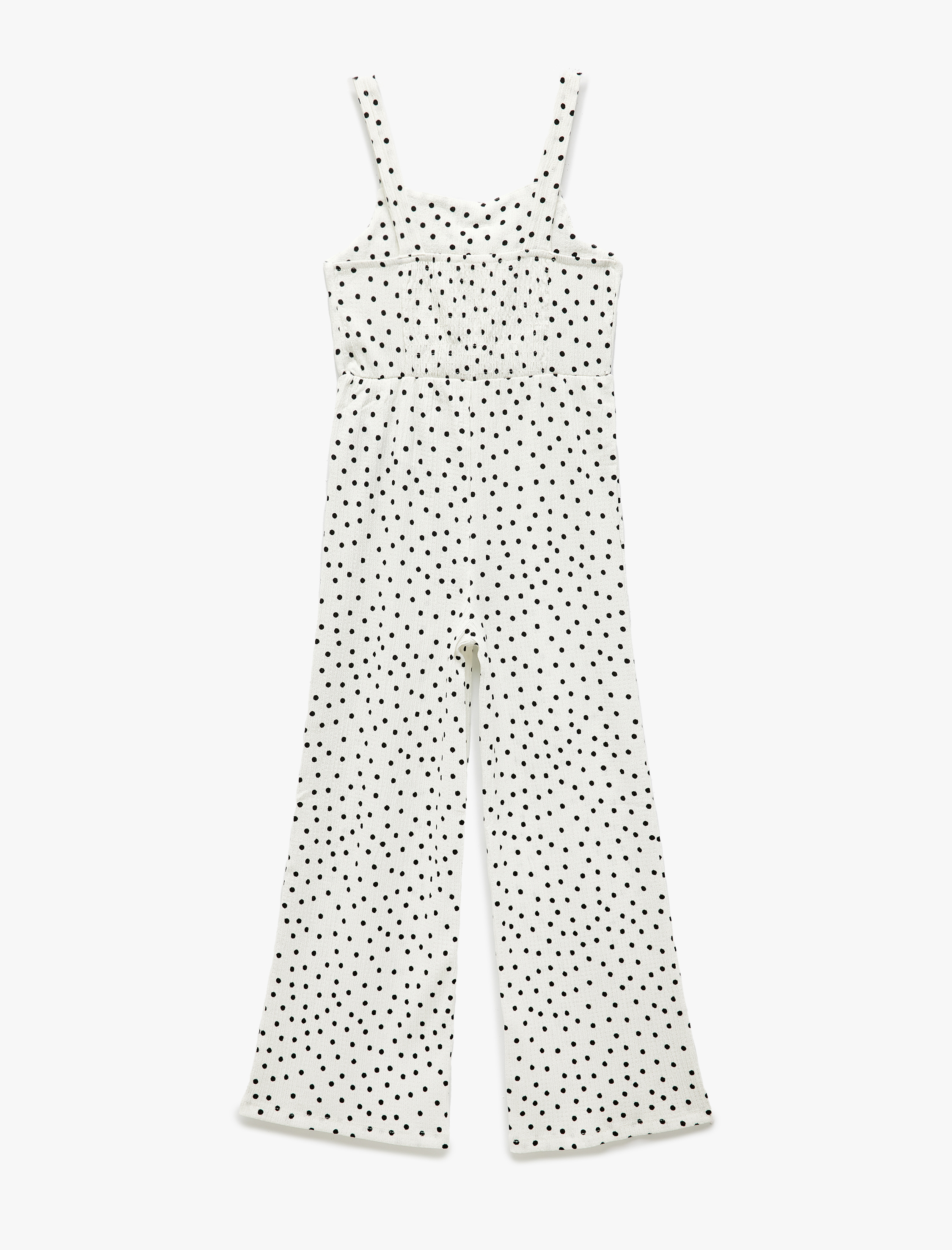  Kız Çocuk Bürümcük Kumaş Fiyonk Detaylı Puantiye Desenli Askılı Tulum