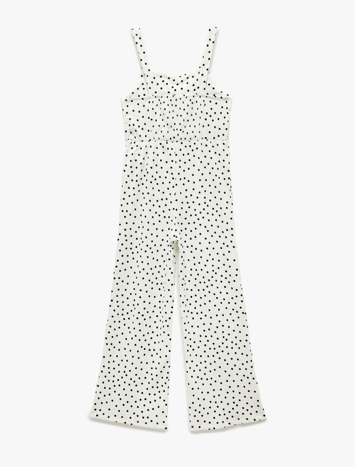 Kız Çocuk Bürümcük Kumaş Fiyonk Detaylı Puantiye Desenli Askılı Tulum