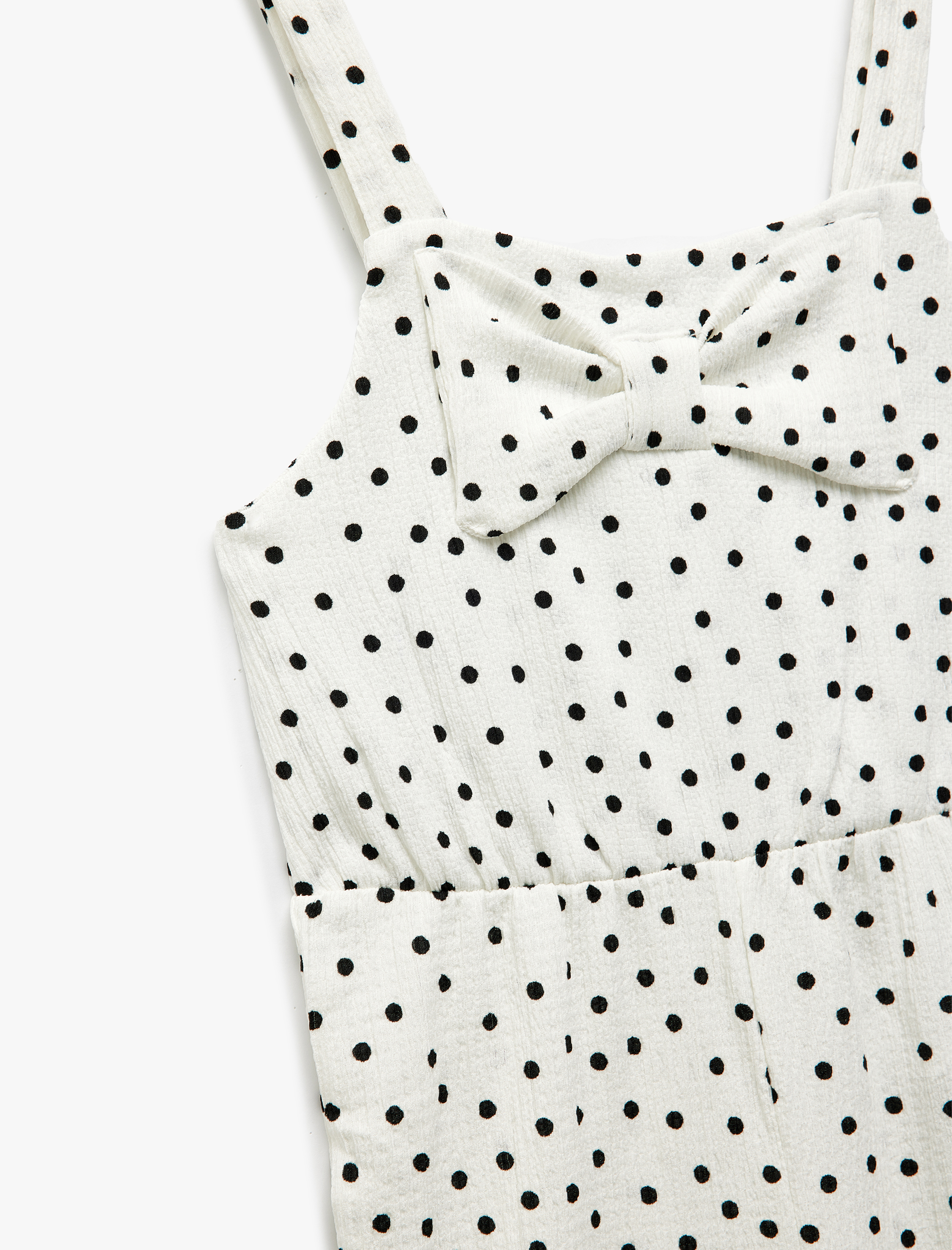  Kız Çocuk Bürümcük Kumaş Fiyonk Detaylı Puantiye Desenli Askılı Tulum