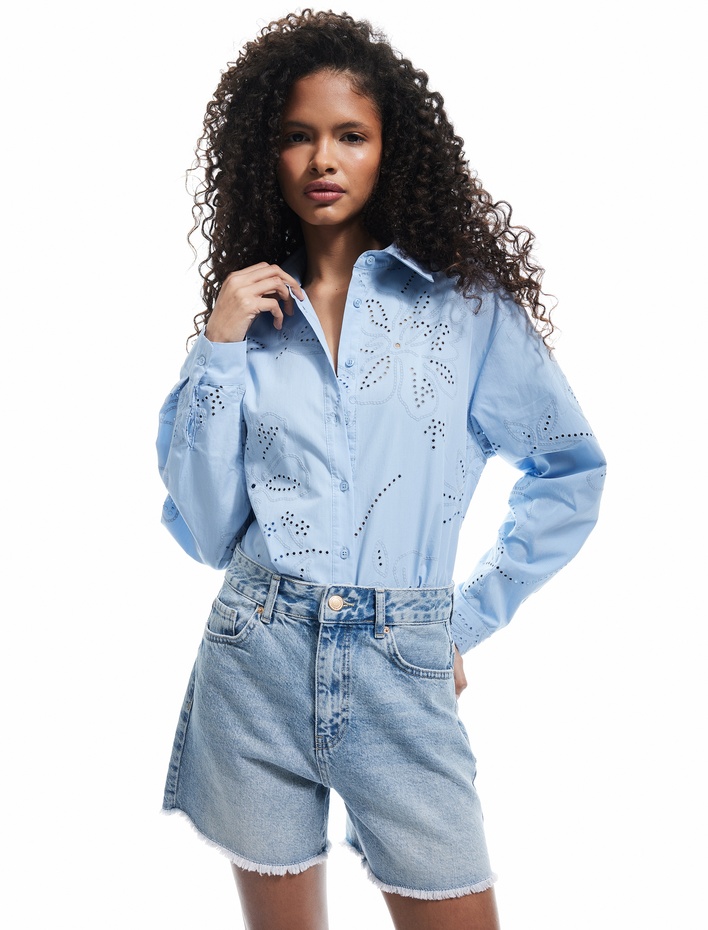  Oversize Klasik Yaka Uzun Kollu Pamuklu Brode Gömlek