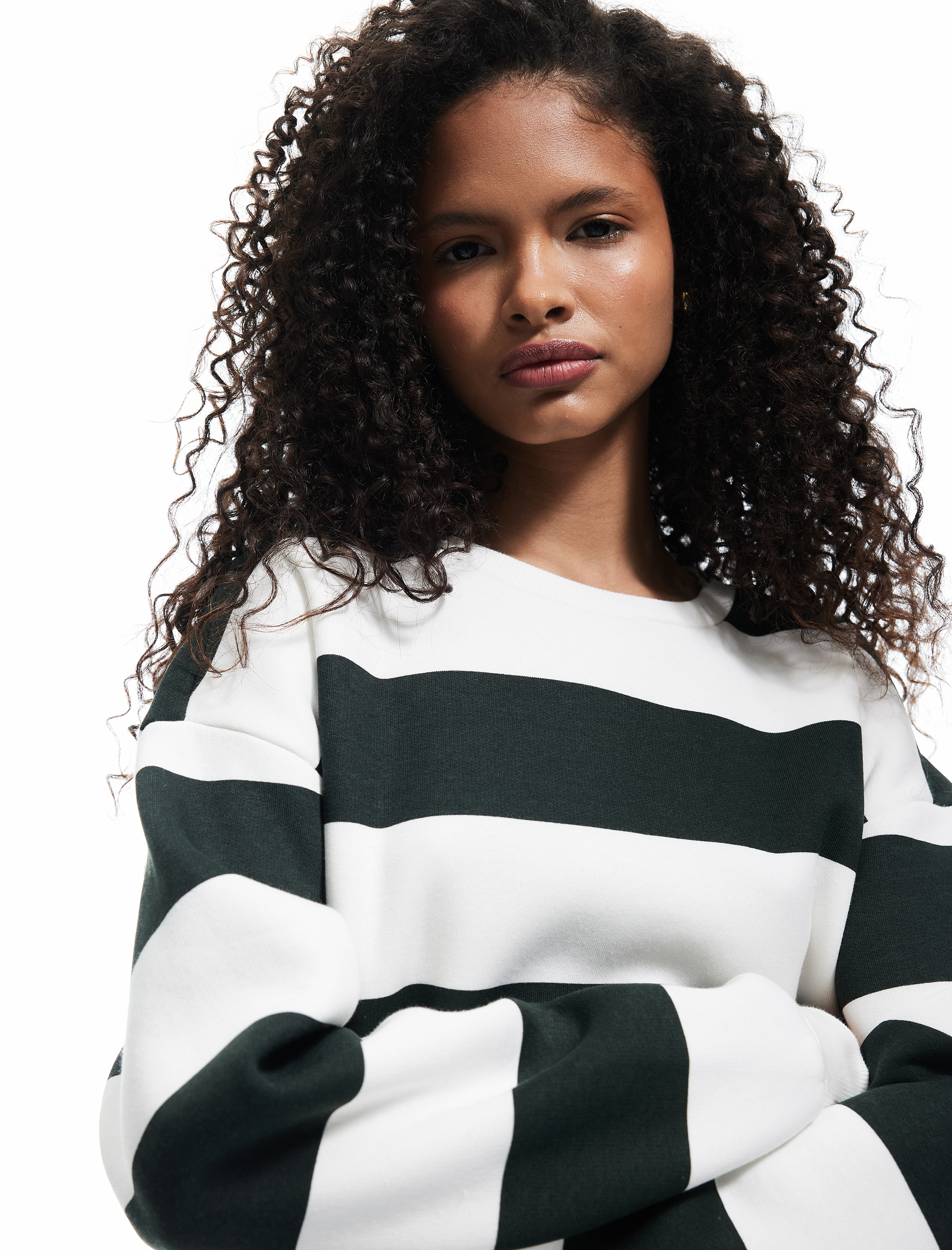   Üç İplik Şardonlu Çizgili Bisiklet Yaka Sweatshirt