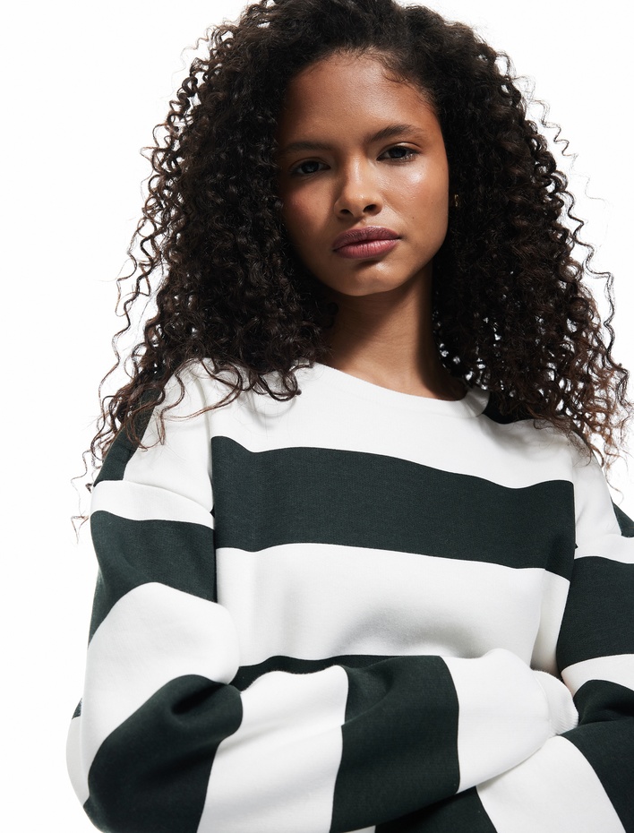  Üç İplik Şardonlu Çizgili Bisiklet Yaka Sweatshirt