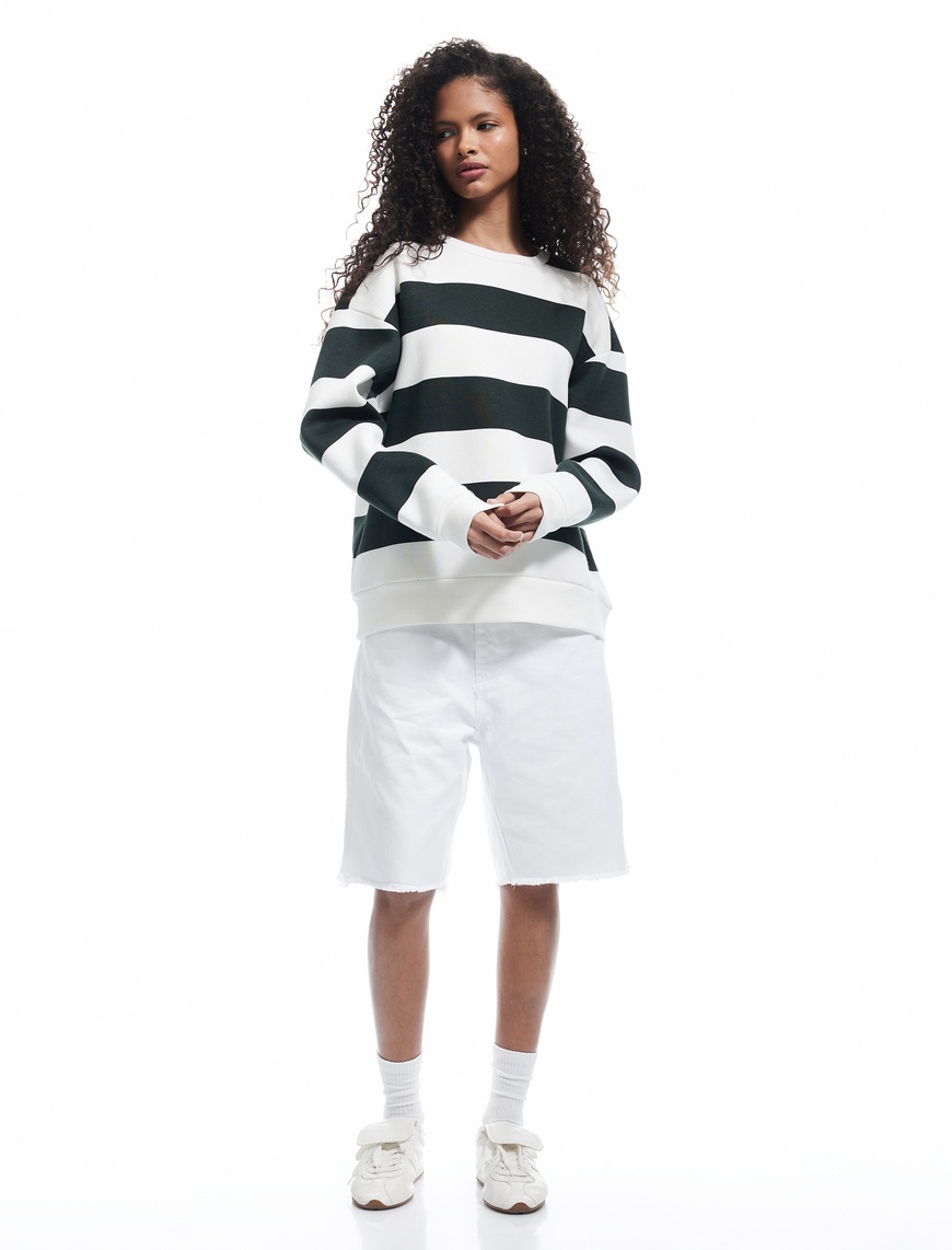   Üç İplik Şardonlu Çizgili Bisiklet Yaka Sweatshirt
