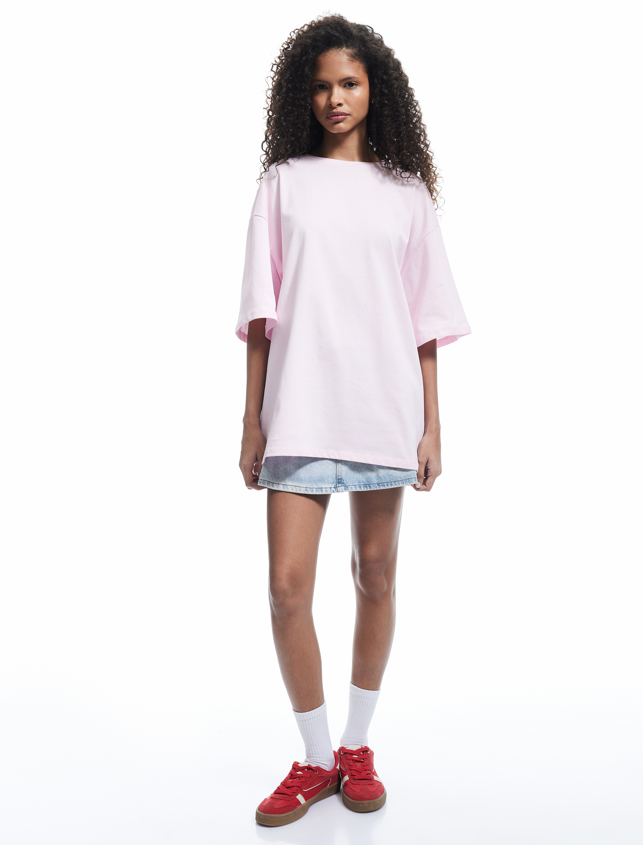   Kısa Kollu Bisiklet Yaka Pamuklu Basic Oversize Tişört