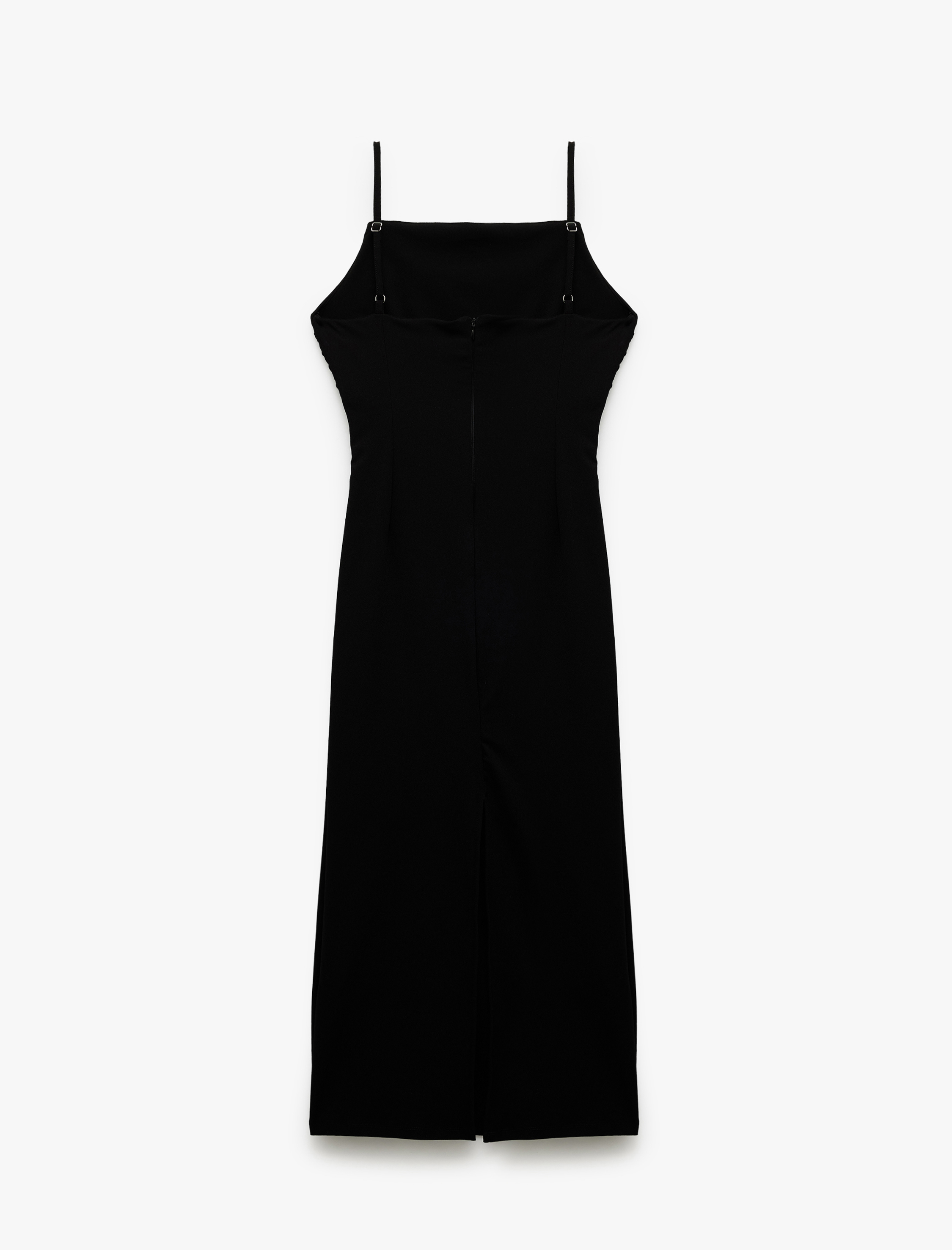   İp Askılı Kare Yaka Drapeli Yırtmaçlı Midi Elbise