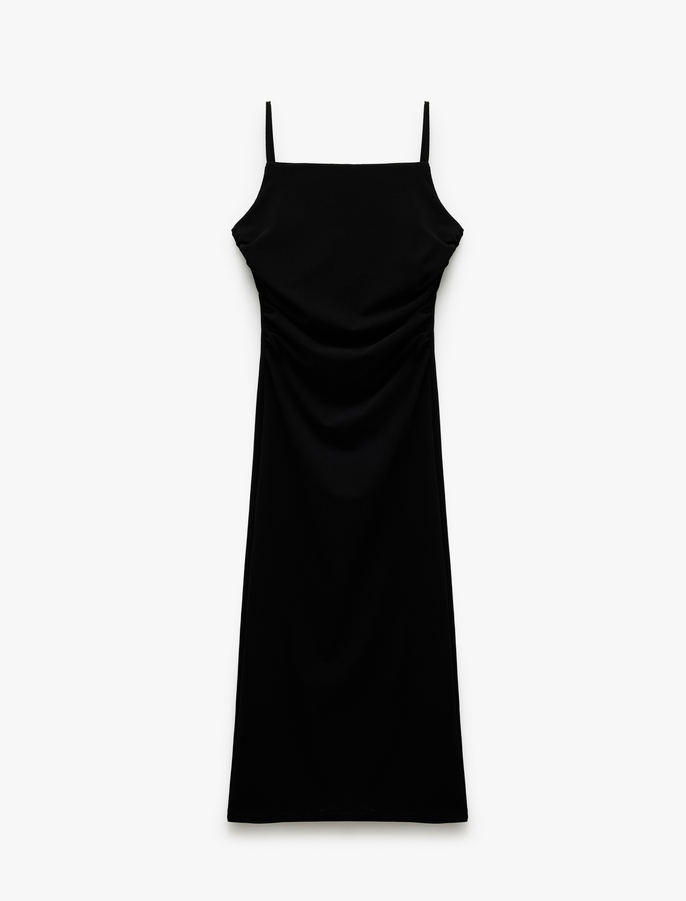   İp Askılı Kare Yaka Drapeli Yırtmaçlı Midi Elbise