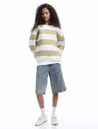 Üç İplik Şardonlu Çizgili Bisiklet Yaka Oversize Sweatshirt